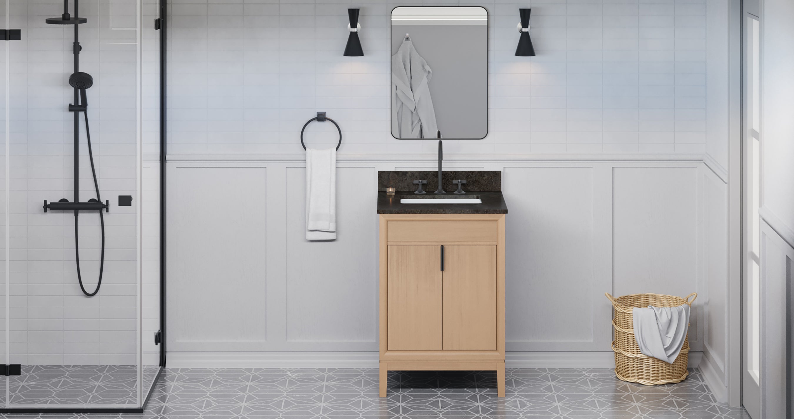 Theodora 24" Single Bathroom Vanity Set Natural Oak, Blue Limestone Vanity Top, Rectangle Bowl | KitchBath