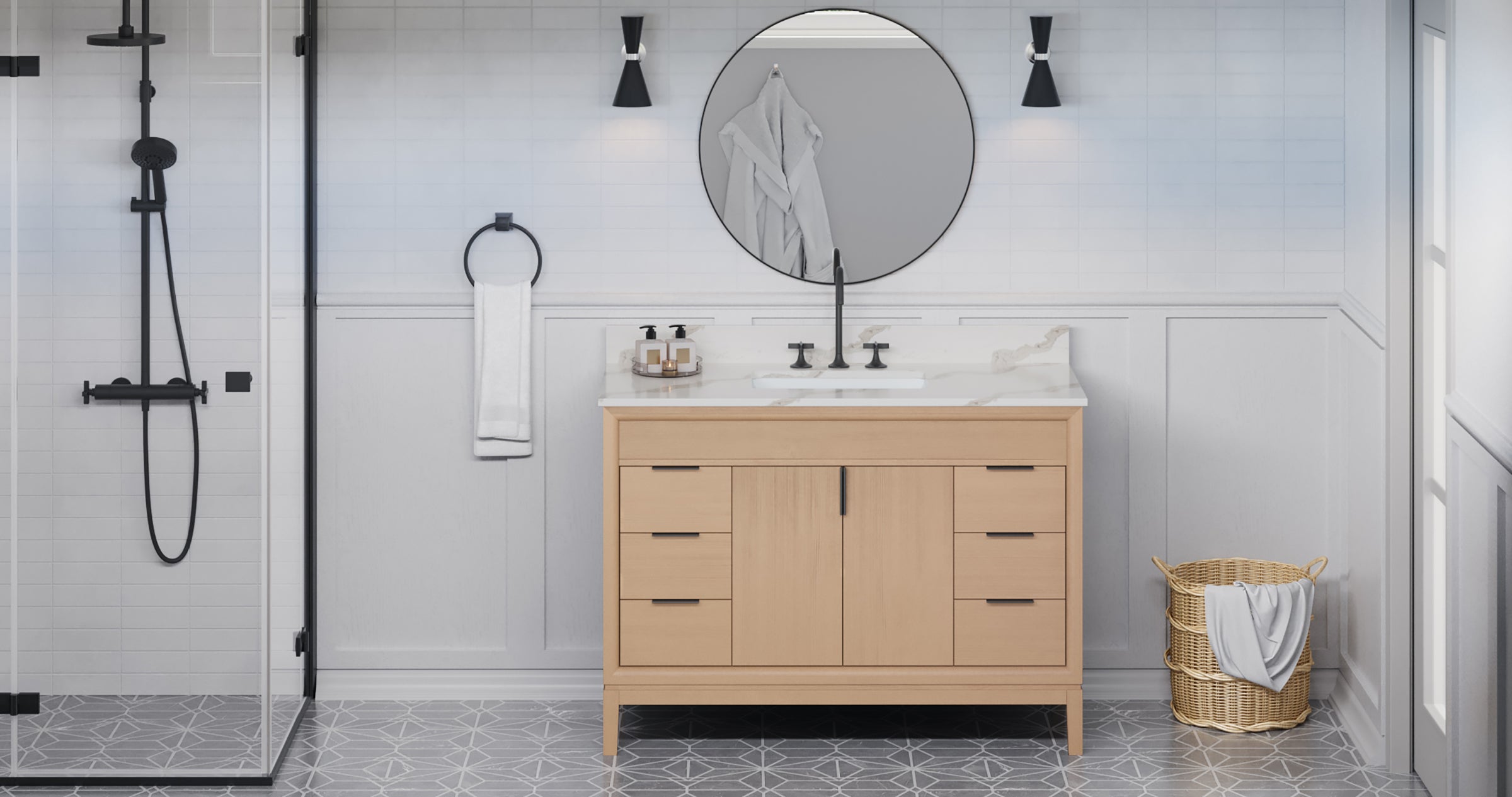 Theodora 48" Single Bathroom Vanity Set Natural Oak, Calacatta Vienna Quartz Vanity Top, Rectangle Bowl | KitchBath