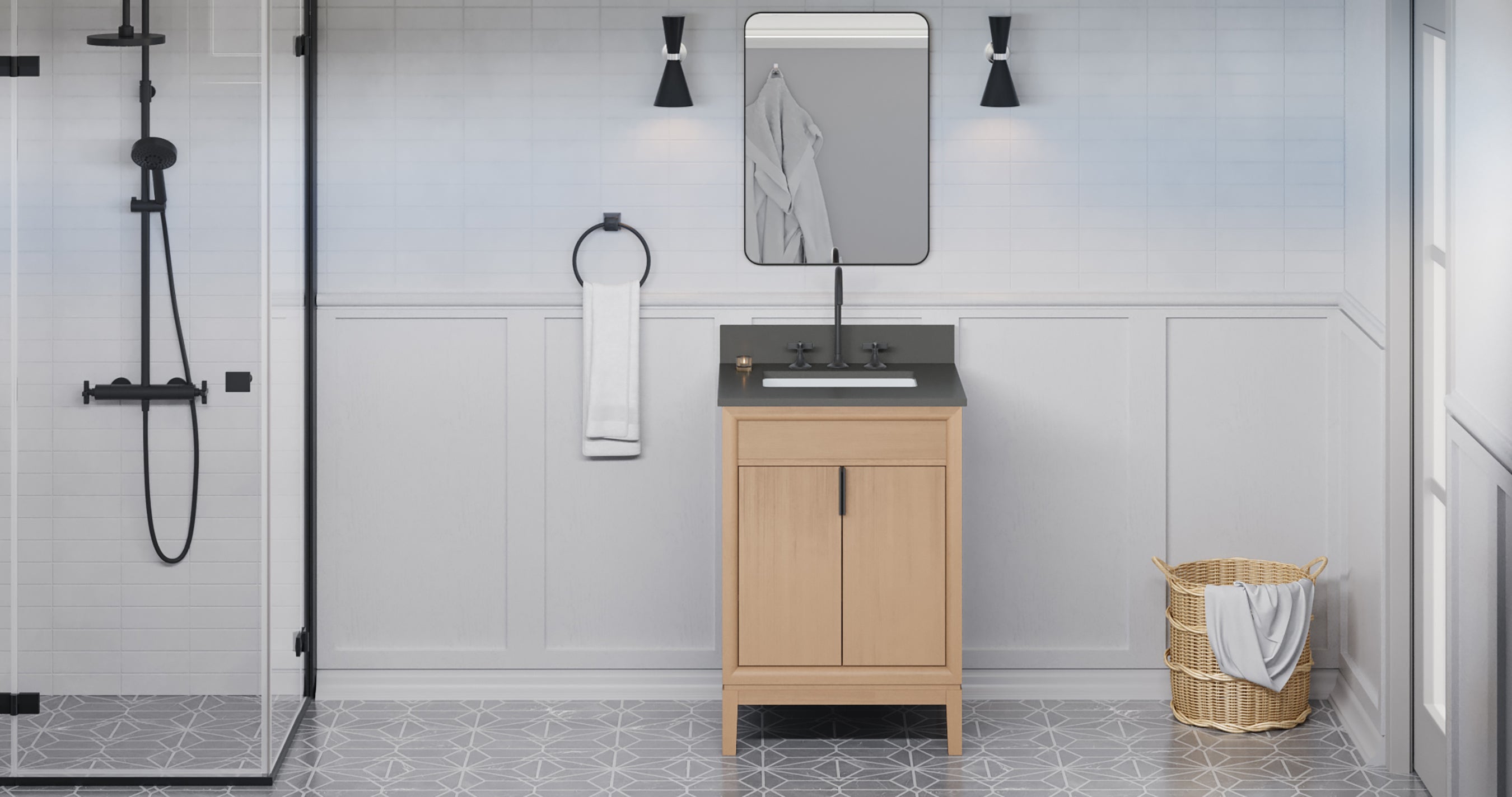 Theodora 24" Single Bathroom Vanity Set Natural Oak, Grey Quartz Vanity Top, Rectangle Bowl | KitchBath