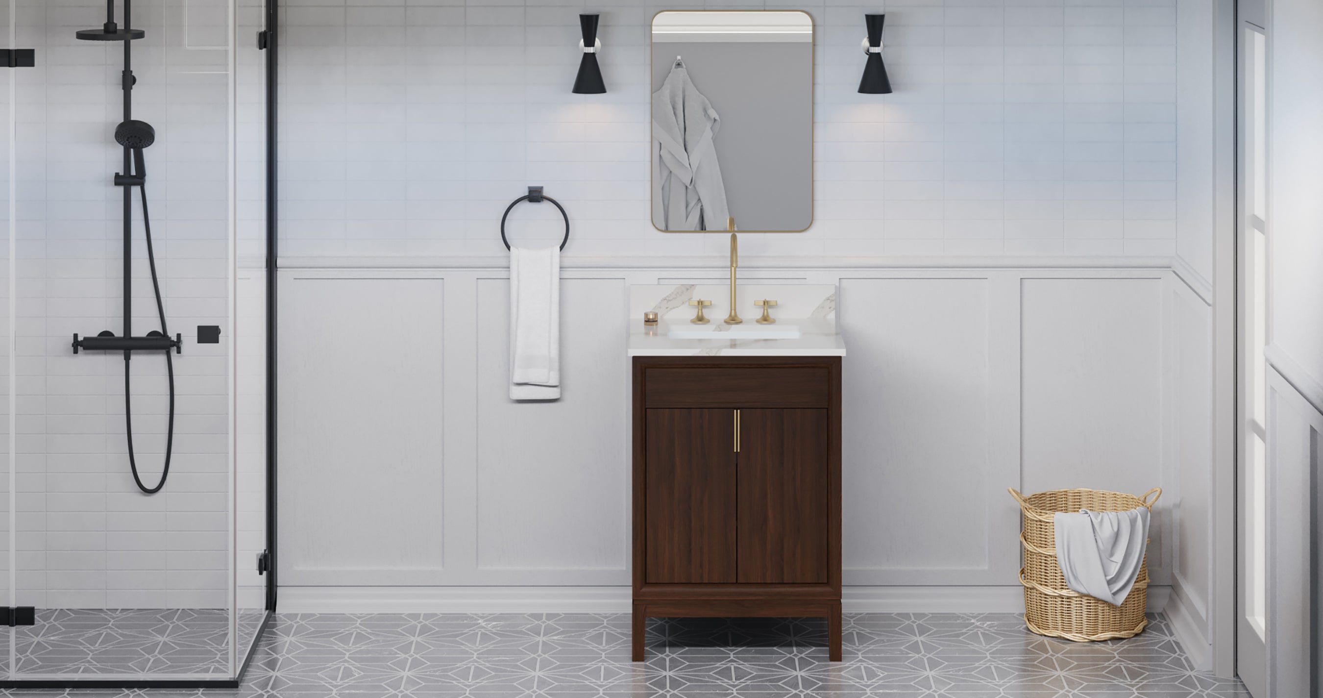 Theodora 24" Single Bathroom Vanity Set Dark Walnut, Calacatta Vienna Quartz Vanity Top, Rectangle Bowl | KitchBath