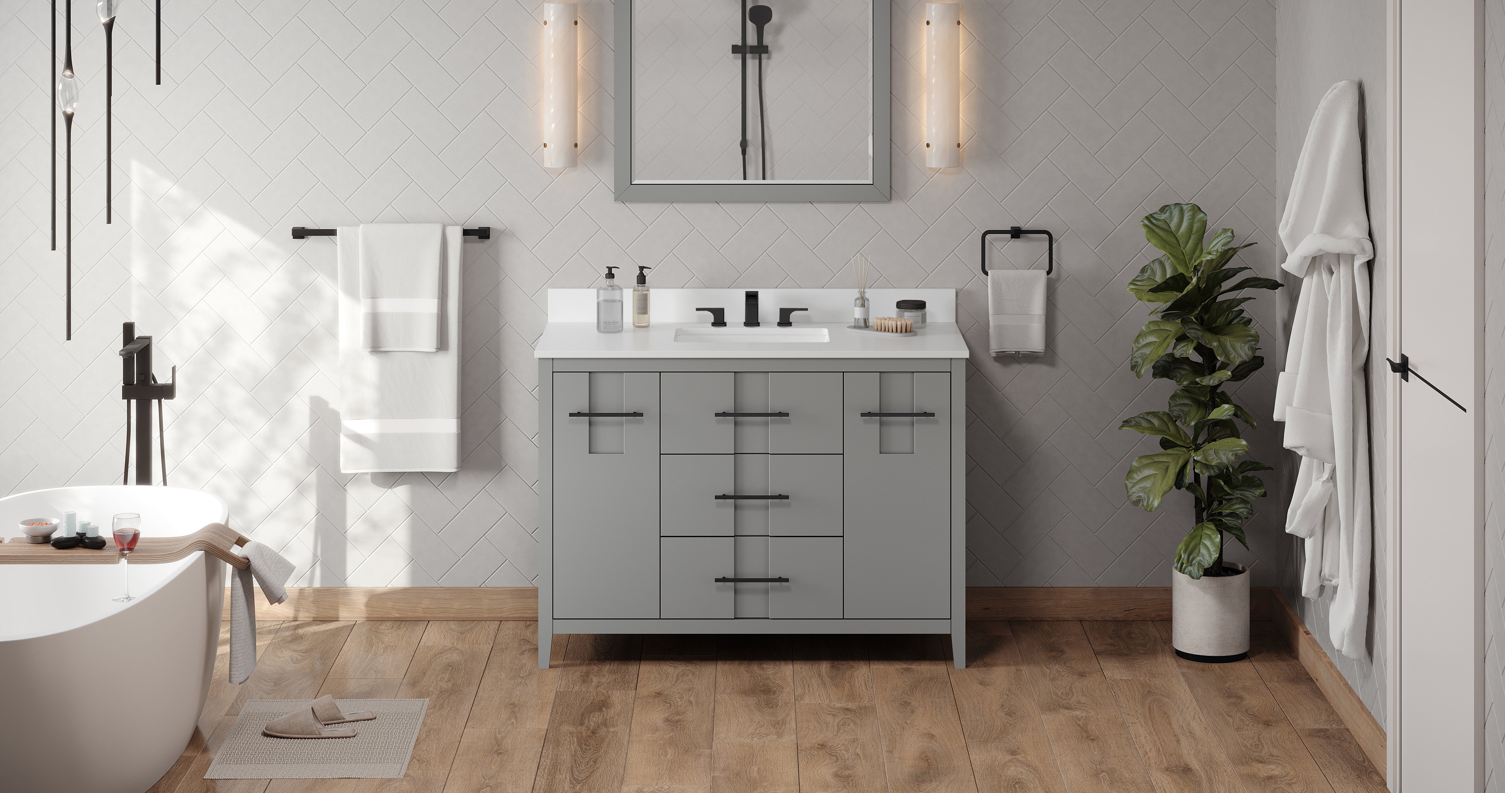Katara 48" Grey Katara Vanity, White Quartz Vanity Top, Undermount Rectangle Bowl | KitchBath