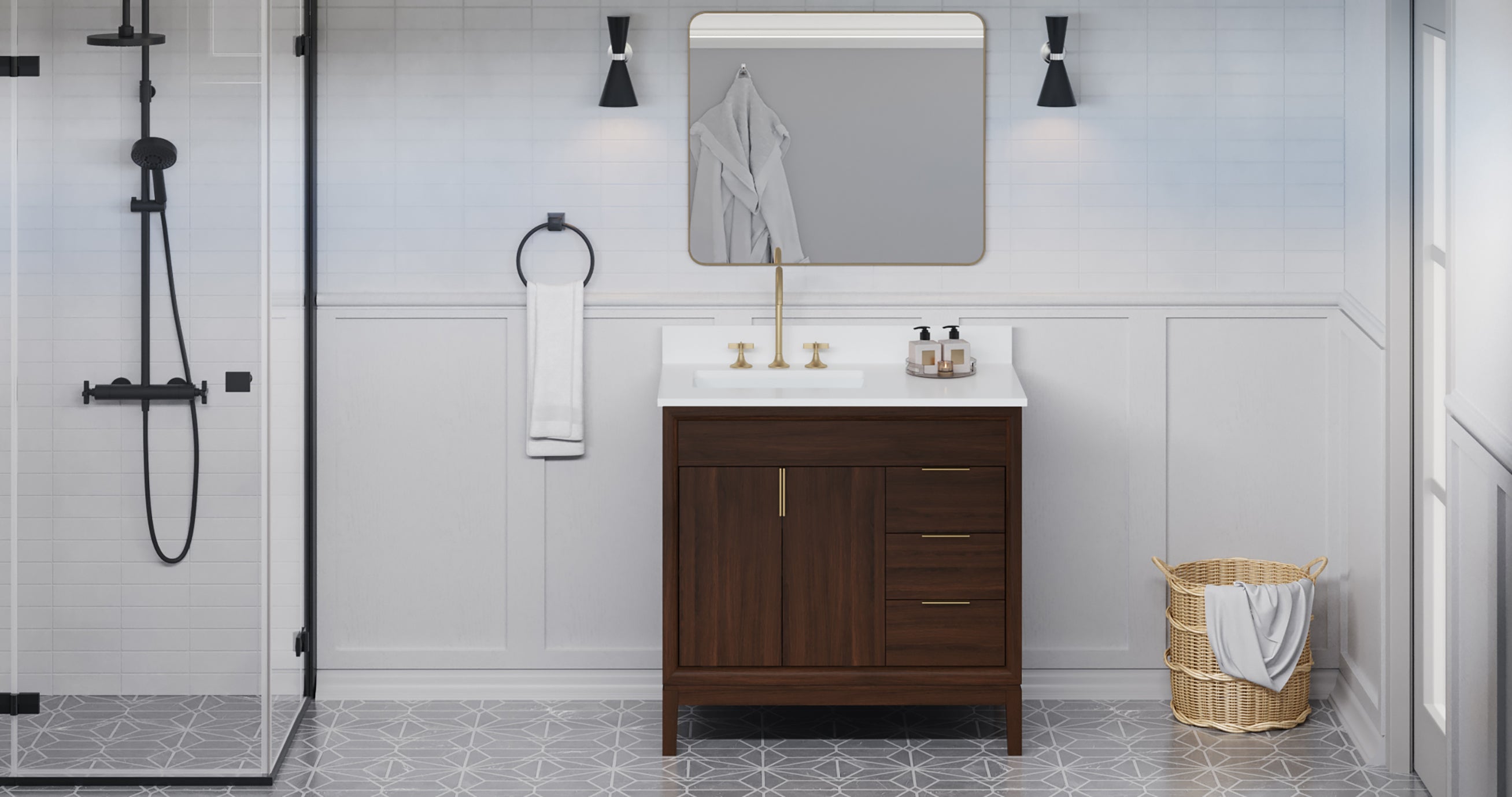 Theodora 36" Single Bathroom Vanity Set Dark Walnut, White Quartz Vanity Top, Rectangle Bowl | KitchBath