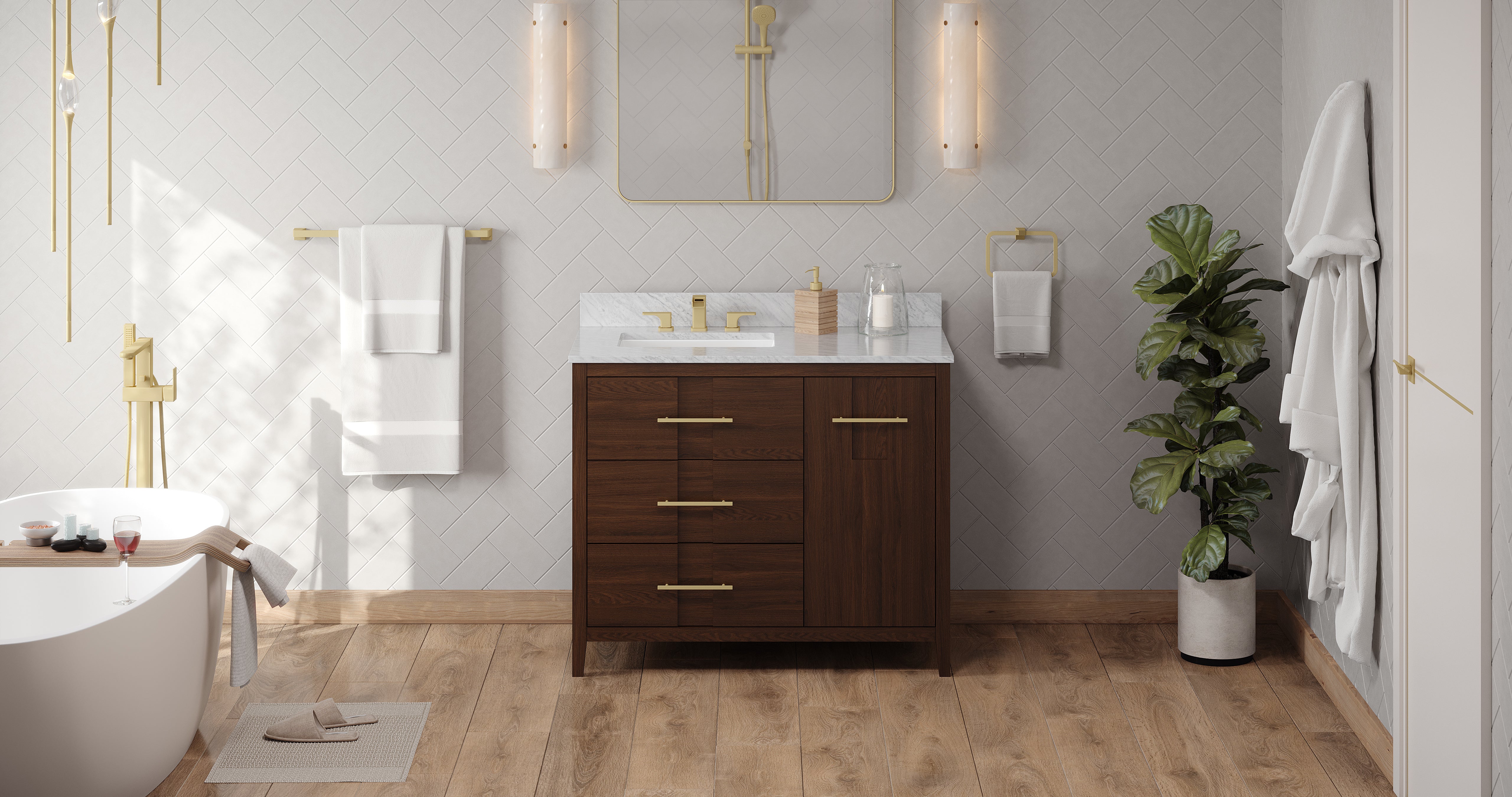 Katara 42" Single Bathroom Vanity Set Dark Walnut, White Carrara Marble Vanity Top, Rectangle Bowl | KitchBath