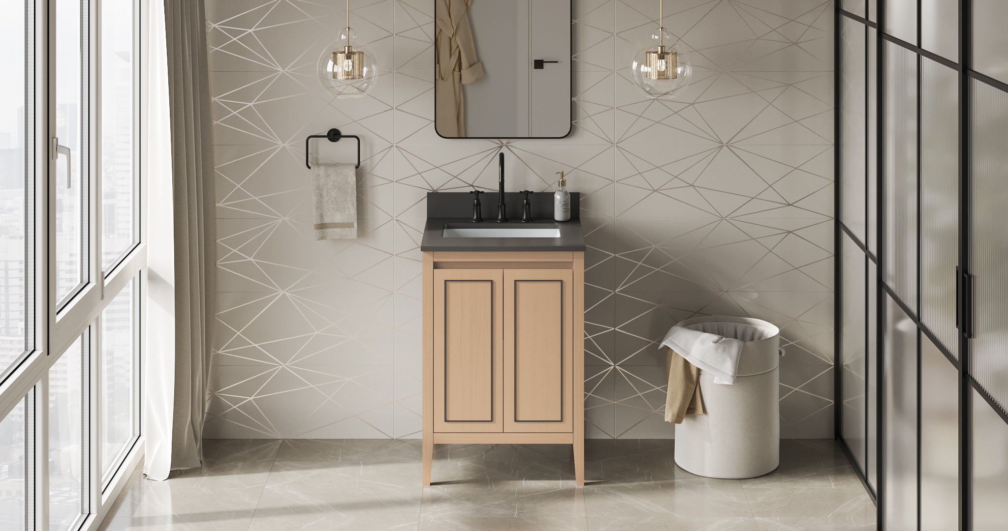Percival 24" Single Bathroom Vanity Set Natural Oak, Grey Quartz Vanity Top, Rectangle Bowl | KitchBath
