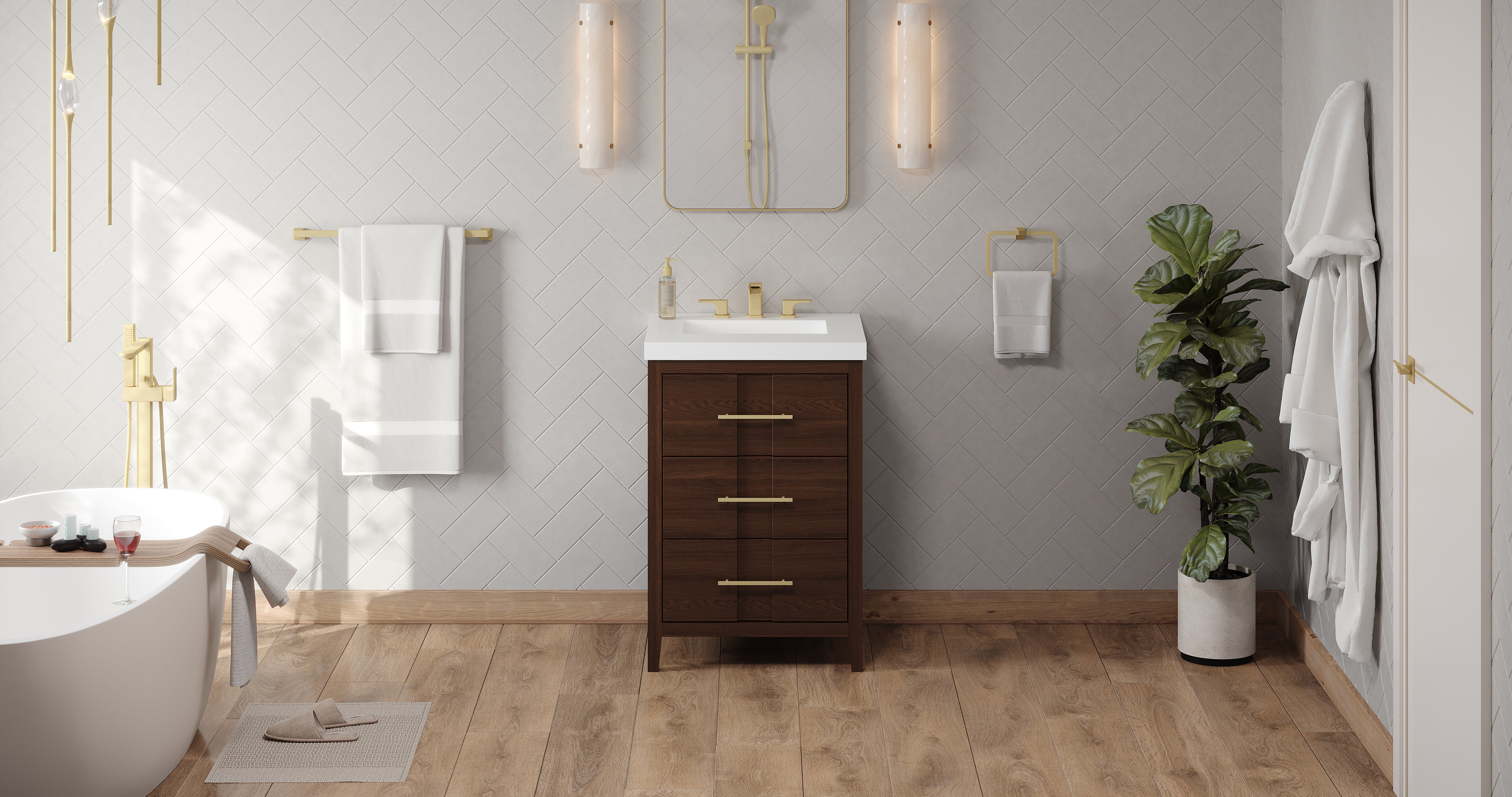 Katara 24" Single Bathroom Vanity Set Dark Walnut, White Resin Vanity Top, Rectangle Bowl | KitchBath
