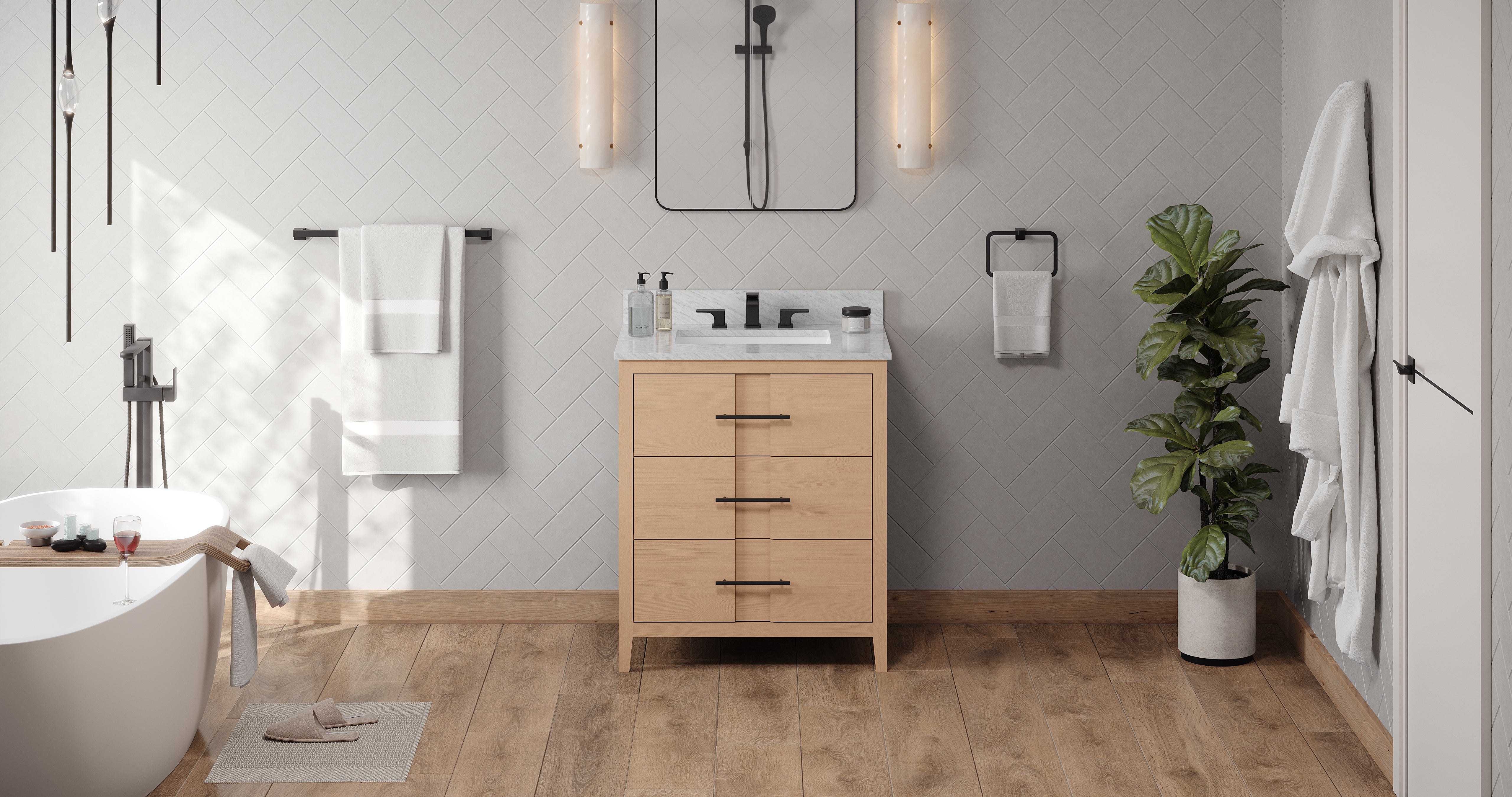 Katara 30" Single Bathroom Vanity Set Natural Oak, White Carrara Marble Vanity Top, Rectangle Bowl | KitchBath
