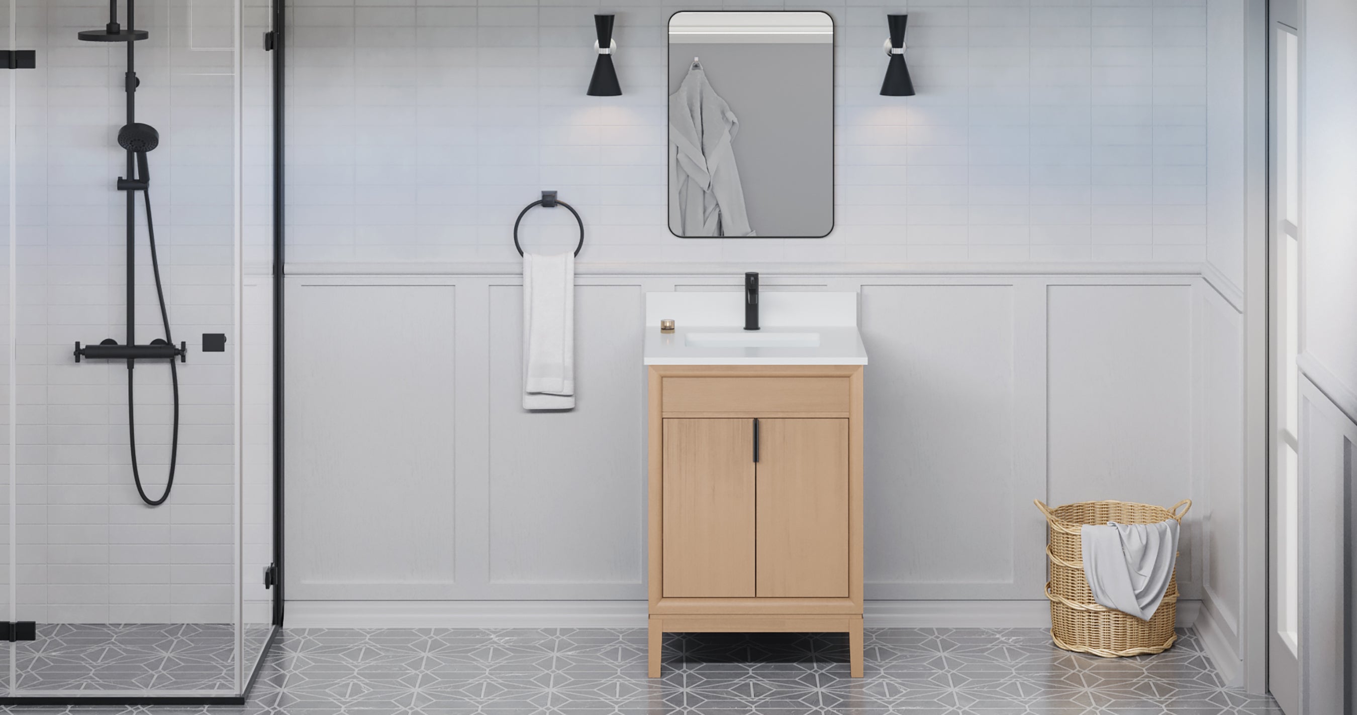 Theodora 24" Single Bathroom Vanity Set Natural Oak, White Quartz Vanity Top, Rectangle Sink | KitchBath