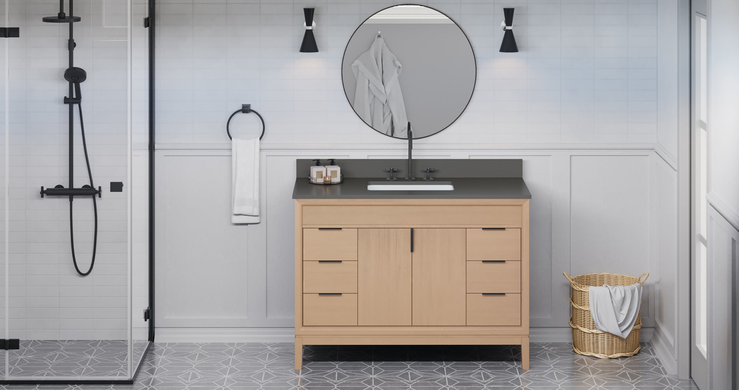Theodora 48" Single Bathroom Vanity Set Natural Oak, Grey Quartz Vanity Top, Rectangle Bowl | KitchBath