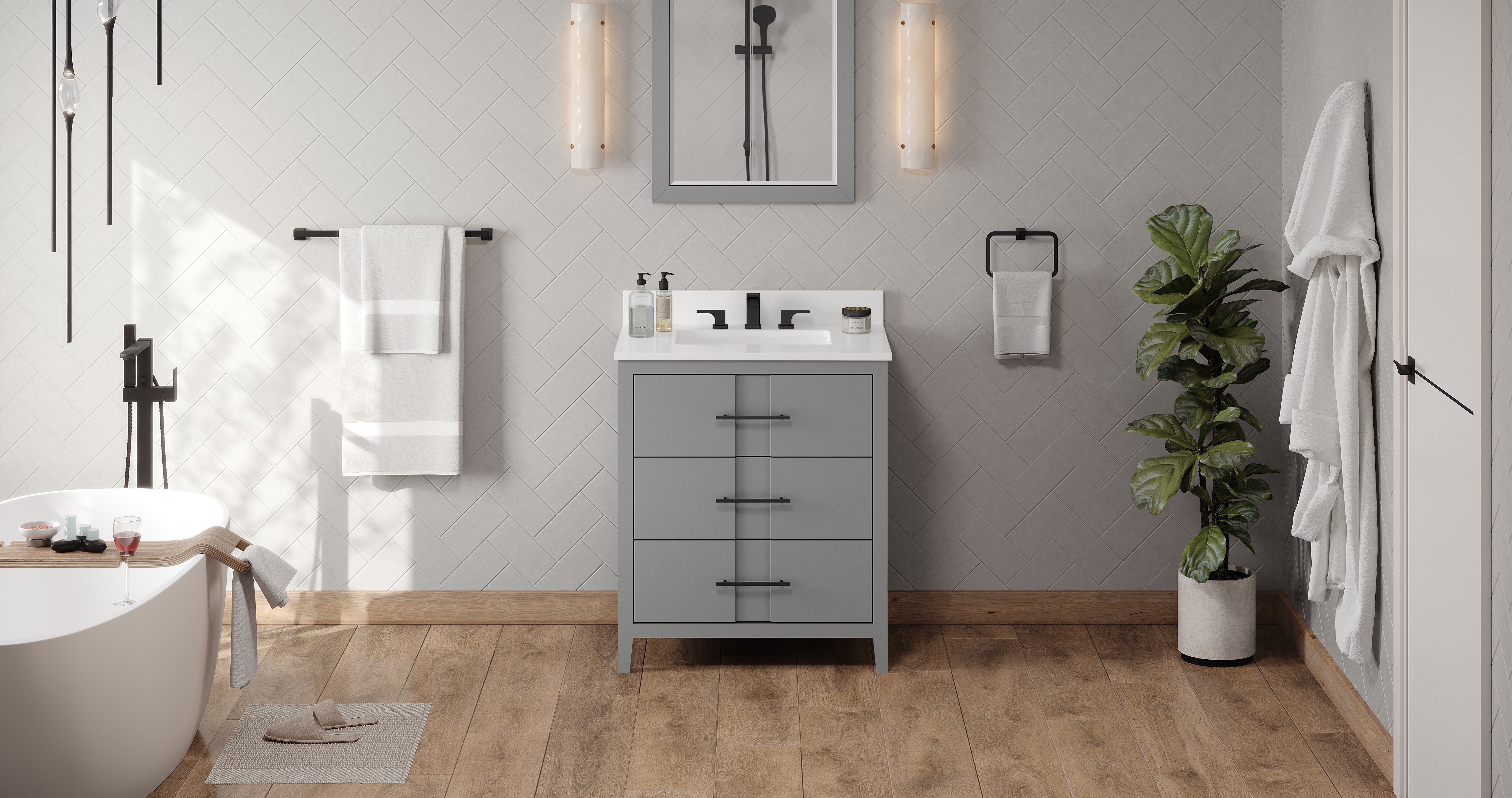 Katara 30" Grey Katara Vanity, White Quartz Vanity Top, Undermount Rectangle Bowl | KitchBath