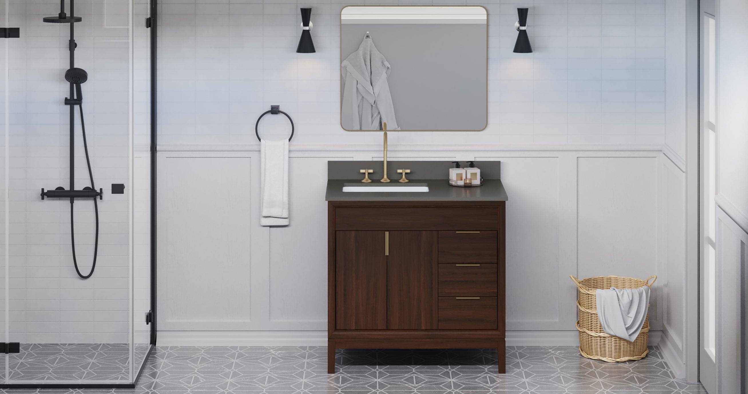 Theodora 36" Single Bathroom Vanity Set Dark Walnut, Grey Quartz Vanity Top, Rectangle Bowl | KitchBath