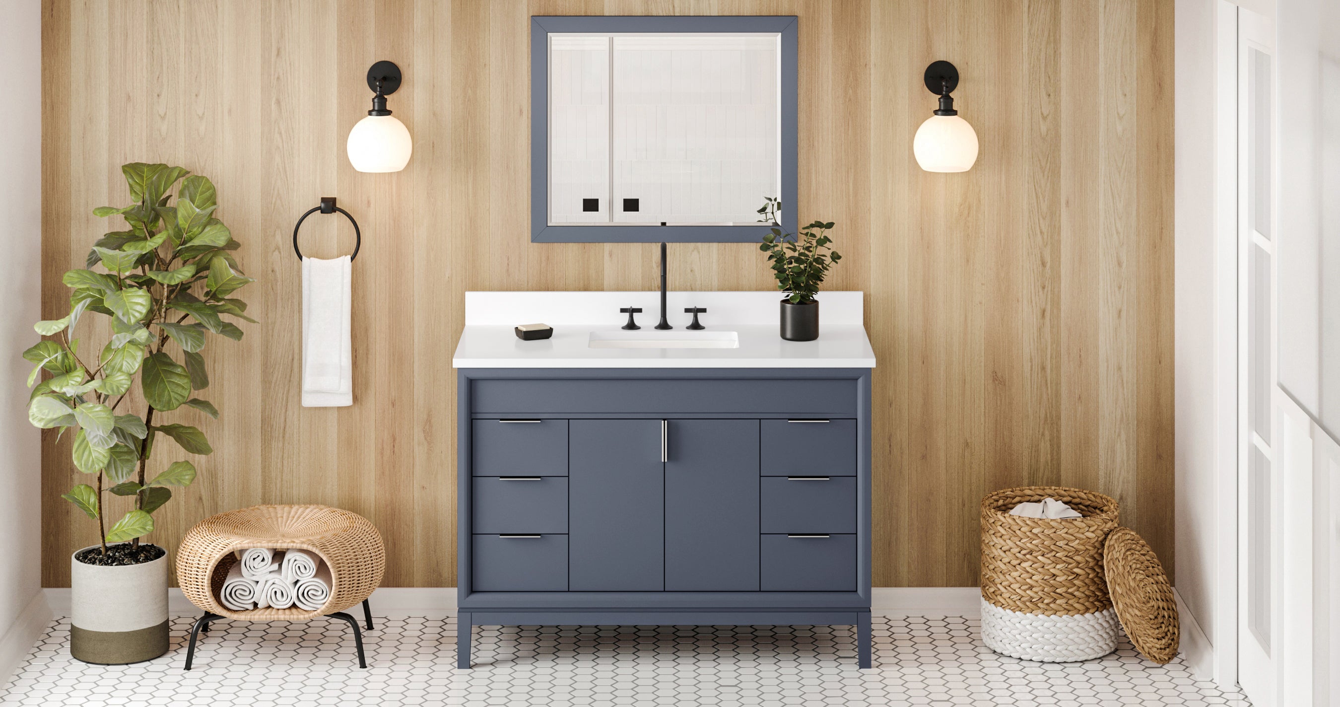 Theodora 48" Blue Steel Theodora Vanity, White Quartz Vanity Top, Undermount Rectangle Bowl | KitchBath