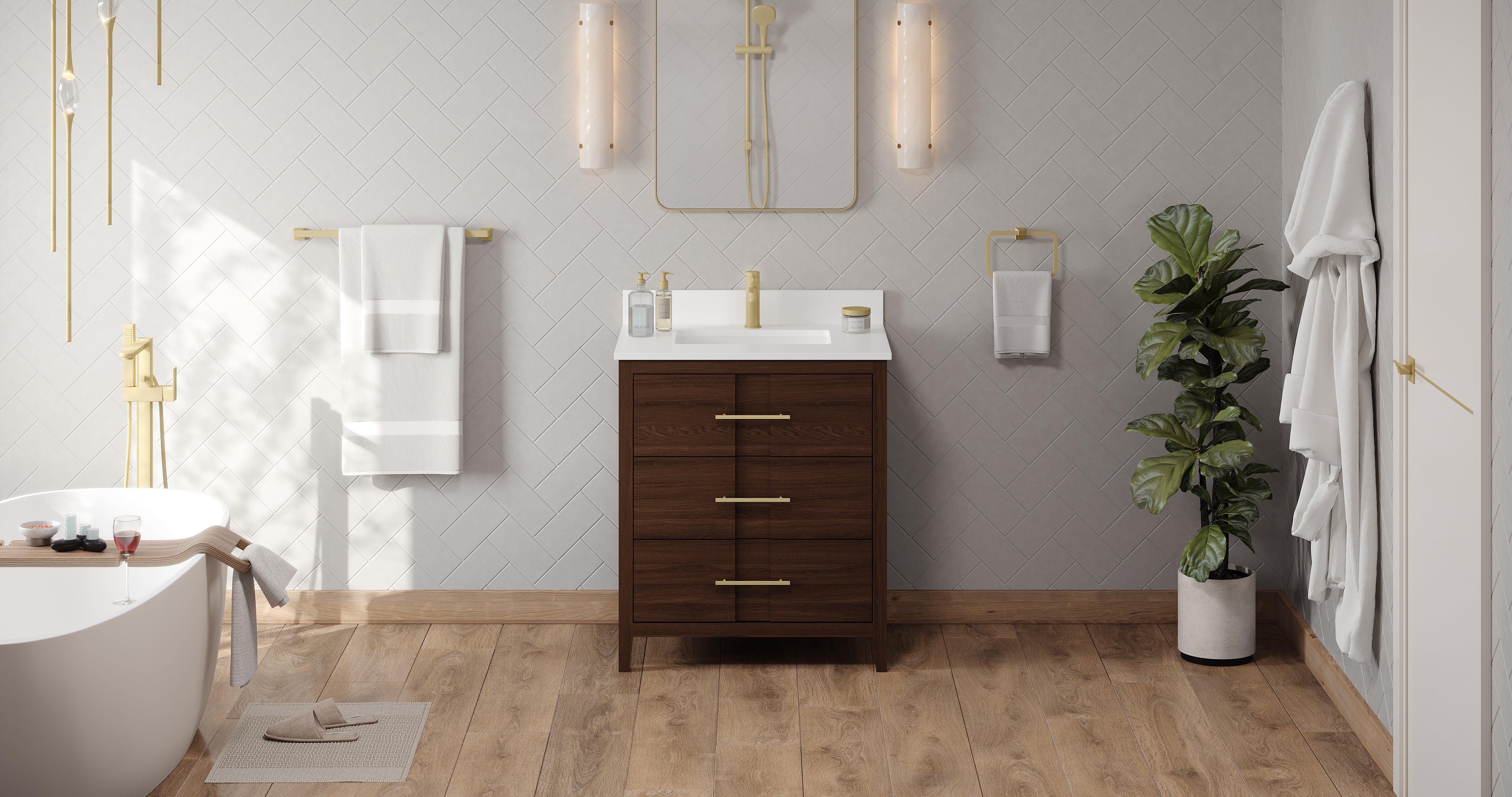 Katara 30" Single Bathroom Vanity Set Dark Walnut, White Quartz Vanity Top, Rectangle Sink | KitchBath