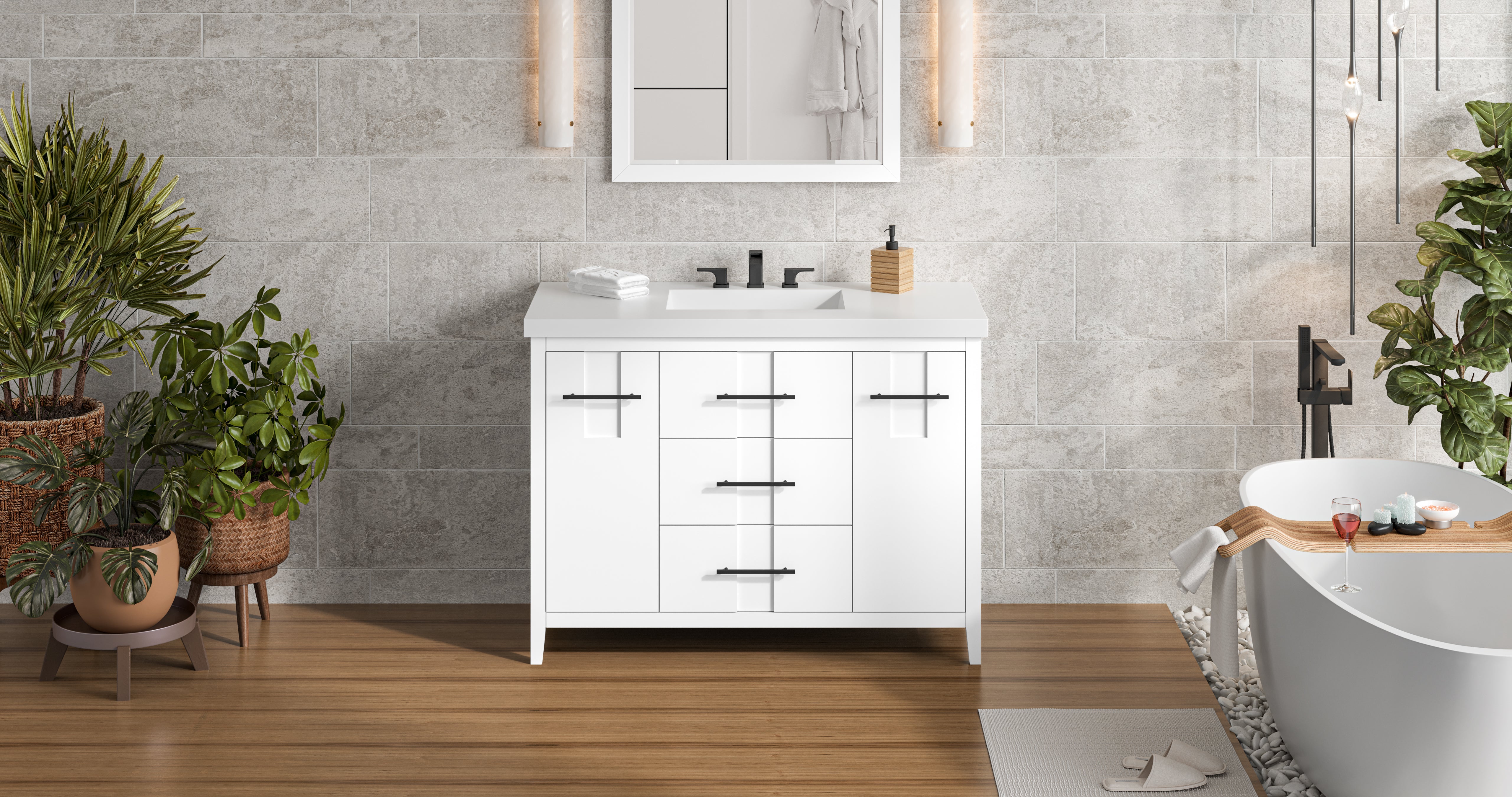 Katara 48" Single Bathroom Vanity Set White, White Resin Vanity Top, Rectangle Bowl | KitchBath