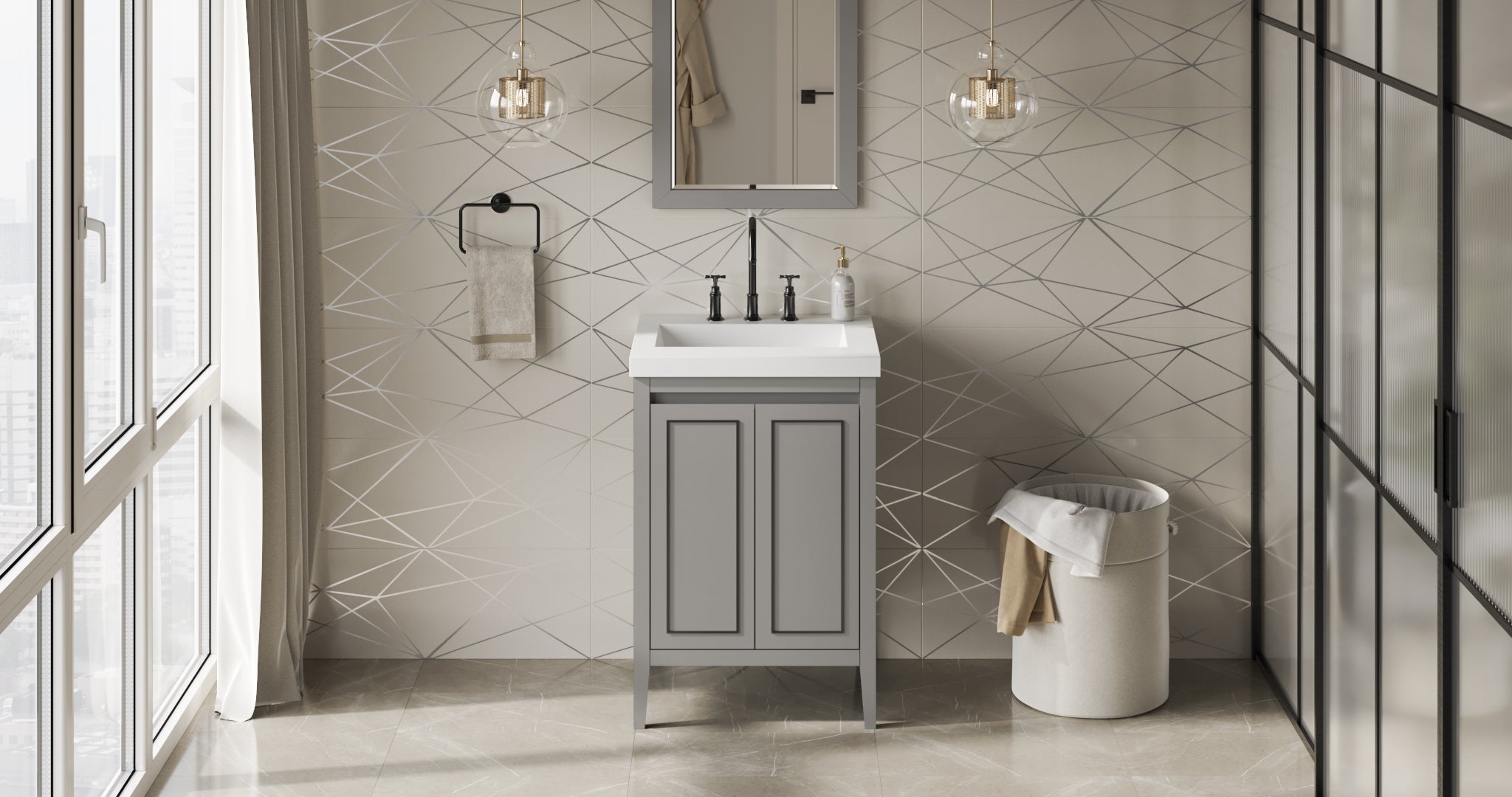 Percival 24" Single Bathroom Vanity Set Grey, White Resin Vanity Top, Rectangle Bowl | KitchBath