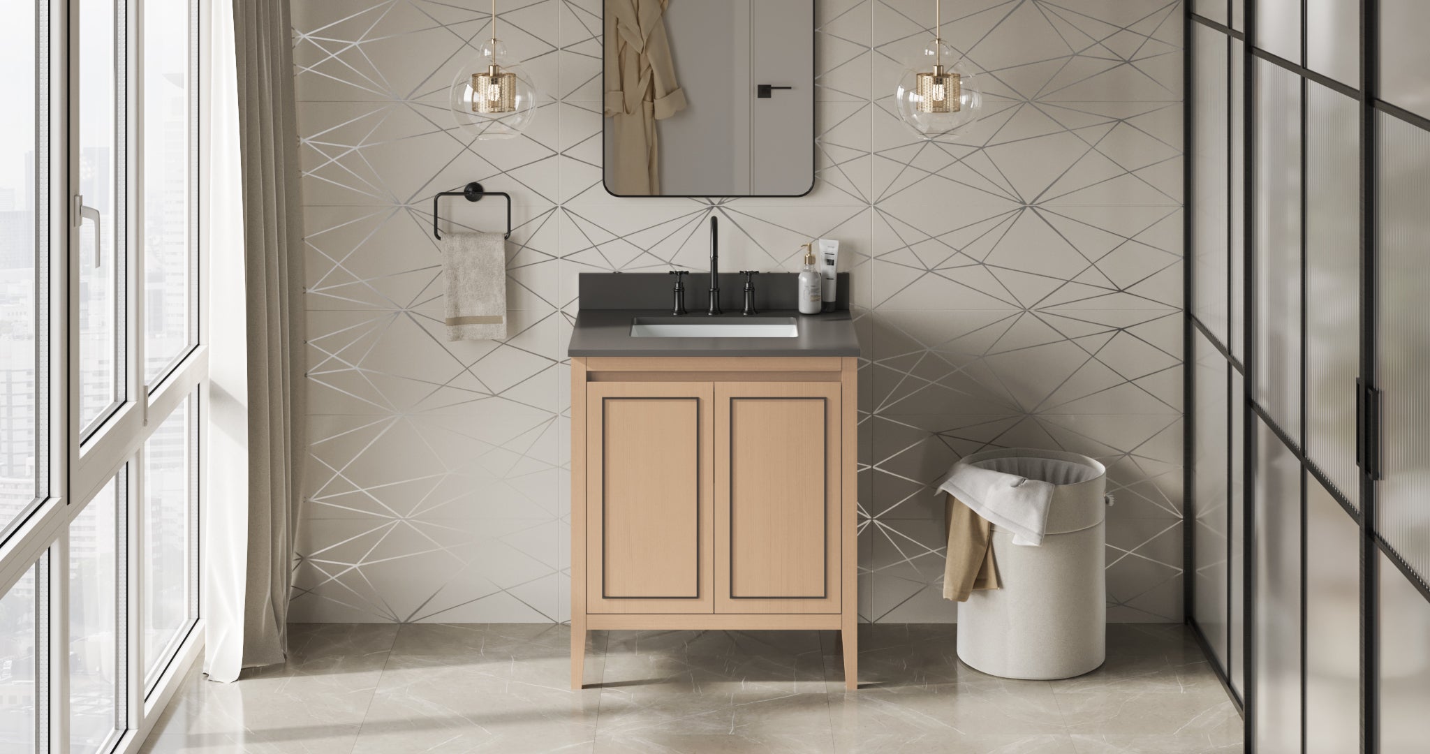 Percival 30" Single Bathroom Vanity Set Natural Oak, Grey Quartz Vanity Top, Rectangle Bowl | KitchBath
