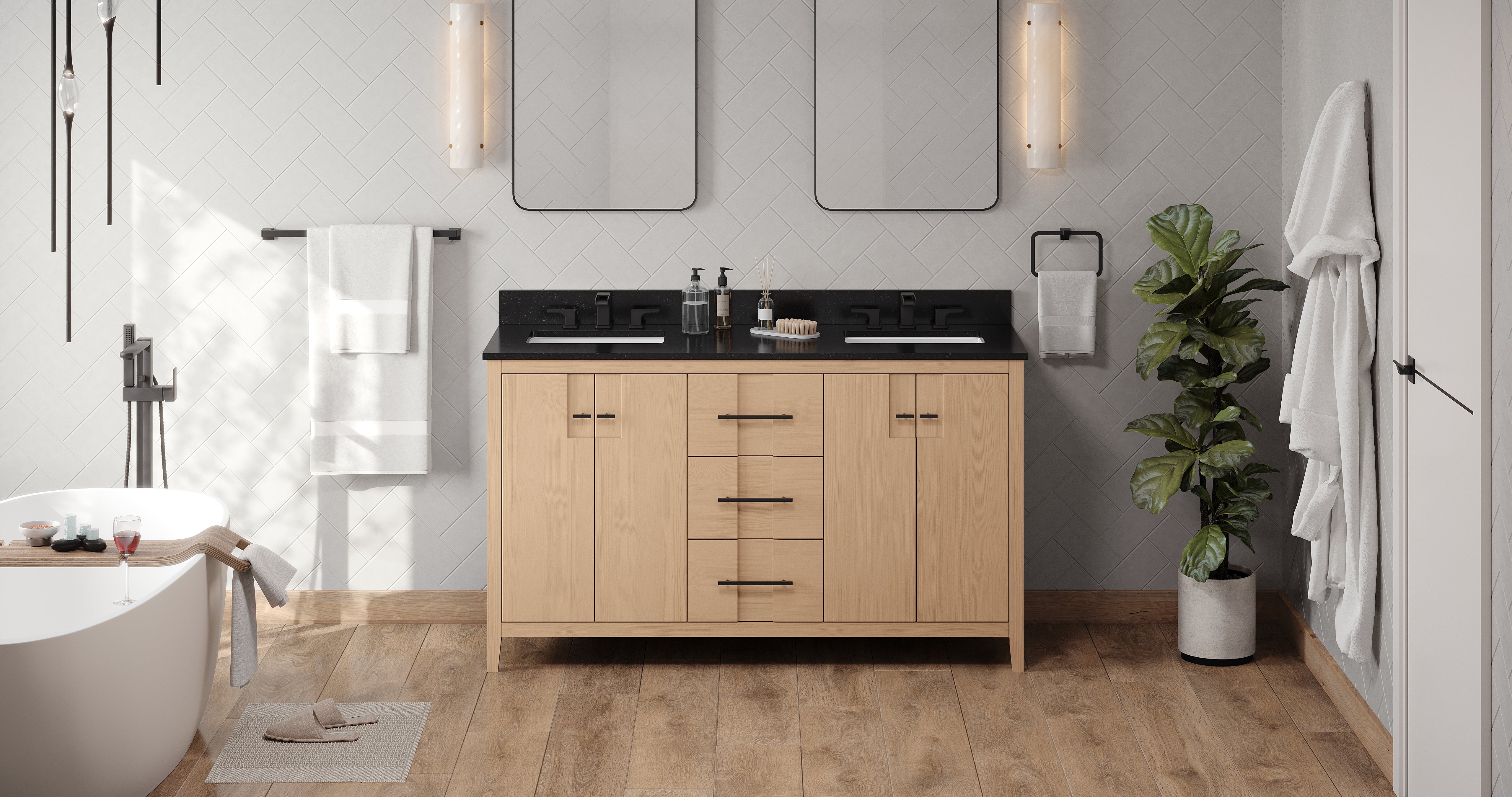 Katara 60" Double Bathroom Vanity Set Natural Oak, Black Granite Vanity Top, Rectangle Bowl | KitchBath