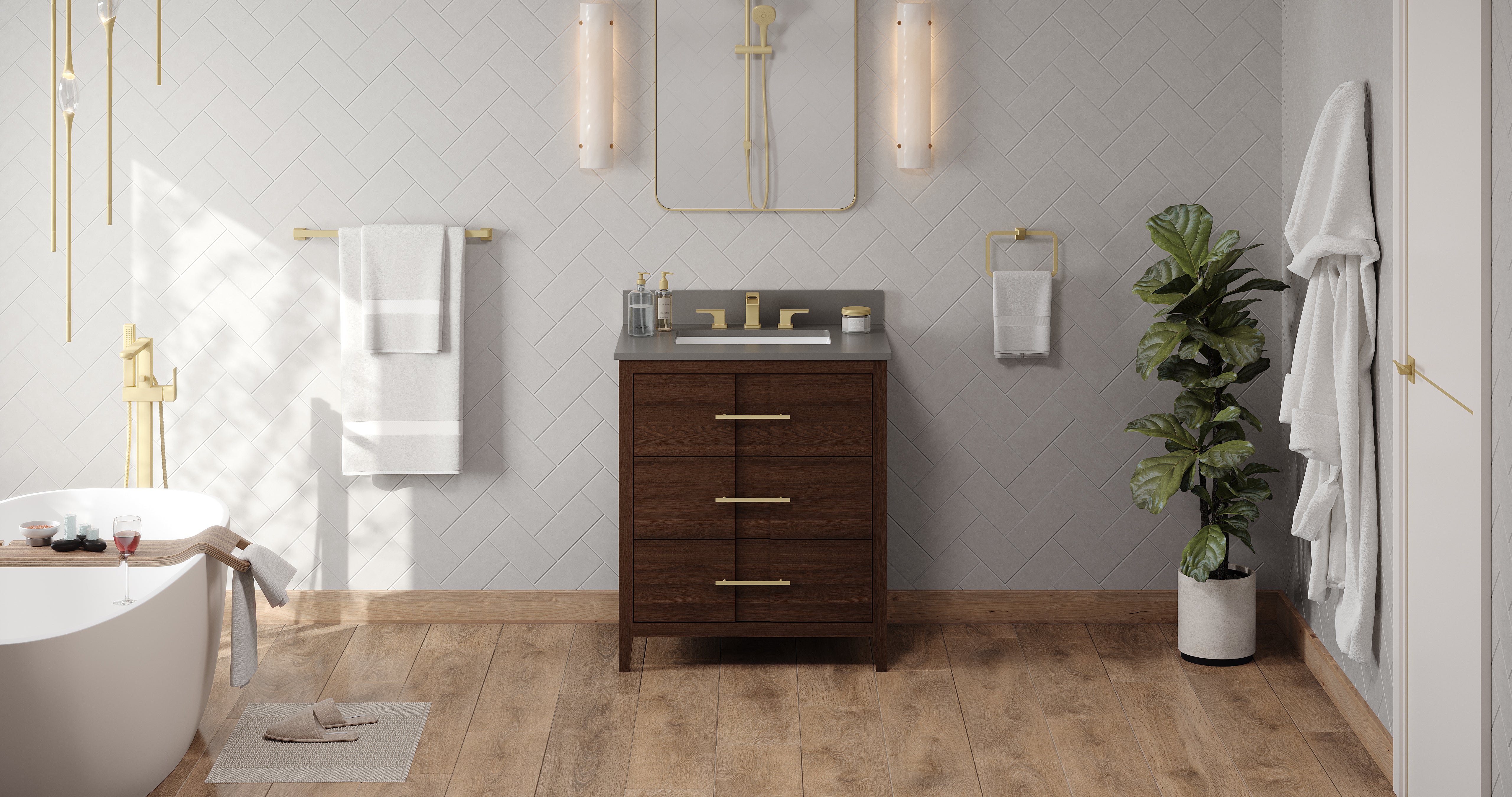 Katara 30" Single Bathroom Vanity Set Dark Walnut, Grey Quartz Vanity Top, Rectangle Bowl | KitchBath