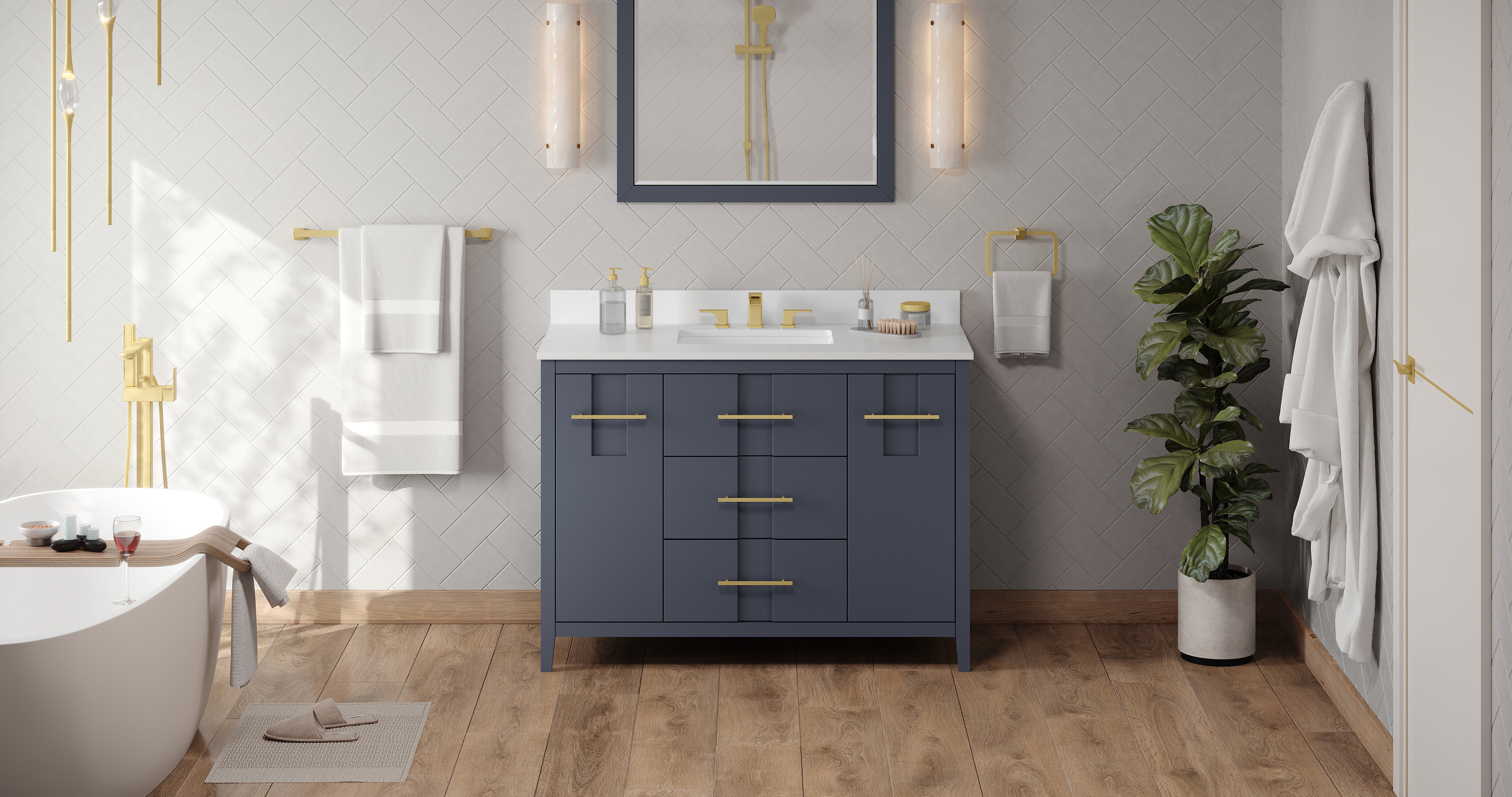 Katara 48" Blue Steel Katara Vanity, White Quartz Vanity Top, Undermount Rectangle Bowl | KitchBath