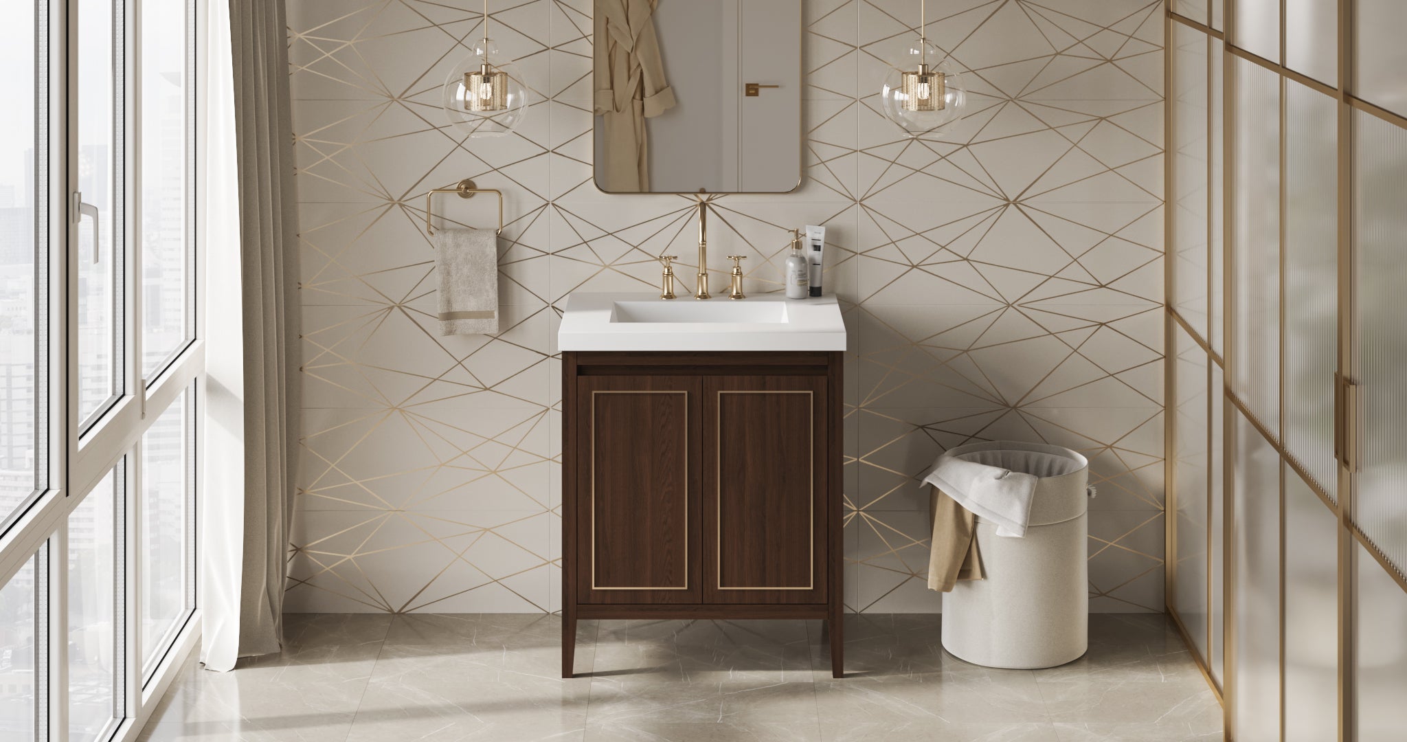 Percival 30" Single Bathroom Vanity Set Dark Walnut, White Resin Vanity Top, Rectangle Bowl | KitchBath