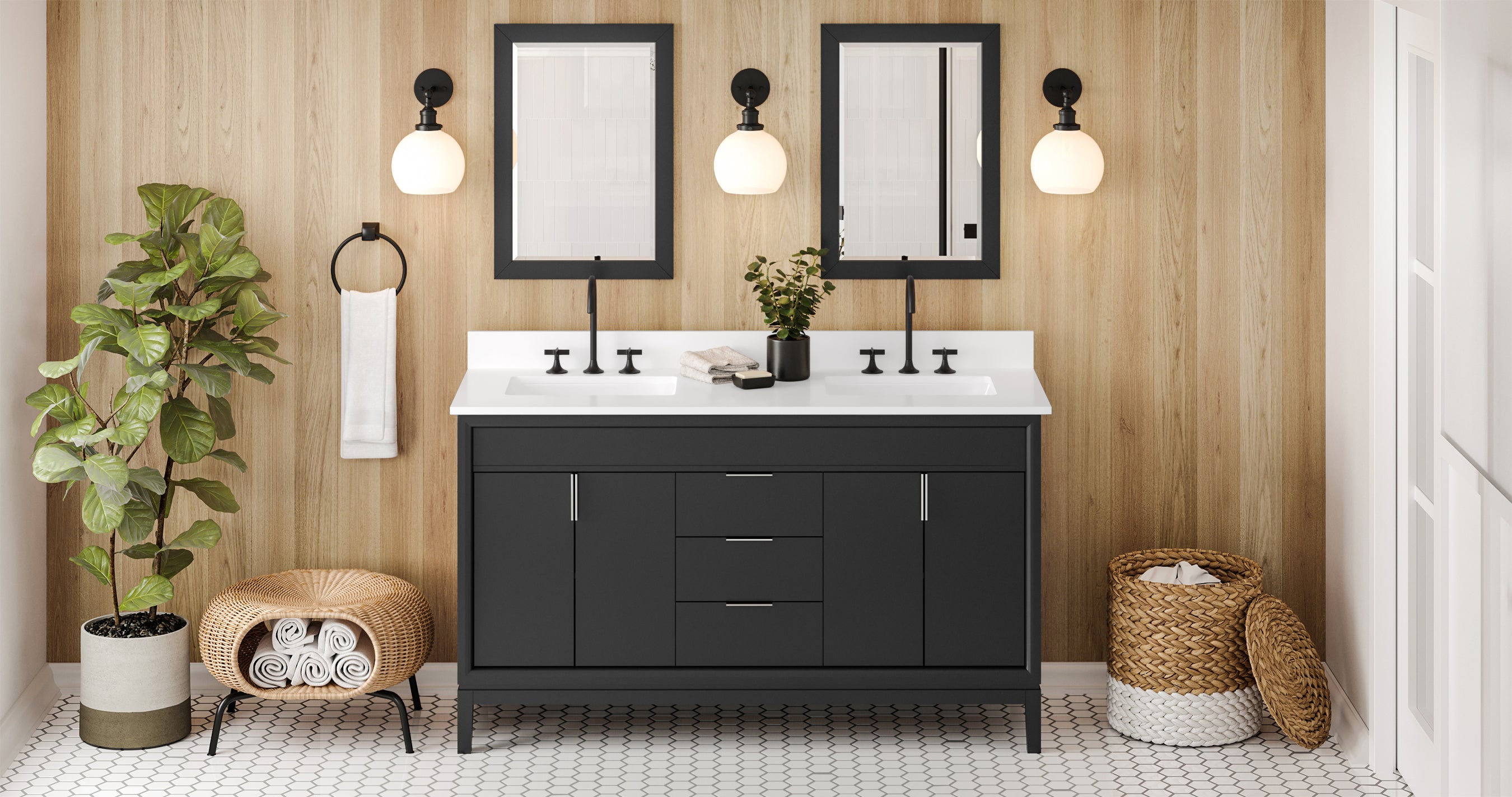 Theodora 60" Black Theodora Vanity, Double Bowl, White Quartz Vanity Top, Two Undermount Rectangle Bowls | KitchBath