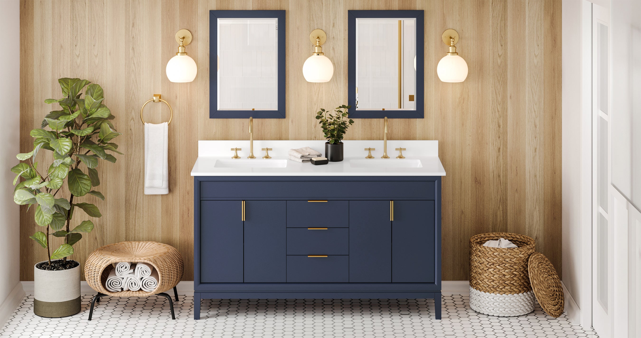 Theodora 60" Hale Blue Theodora Vanity, Double Bowl, White Quartz Vanity Top, Two Undermount Rectangle Bowls | KitchBath