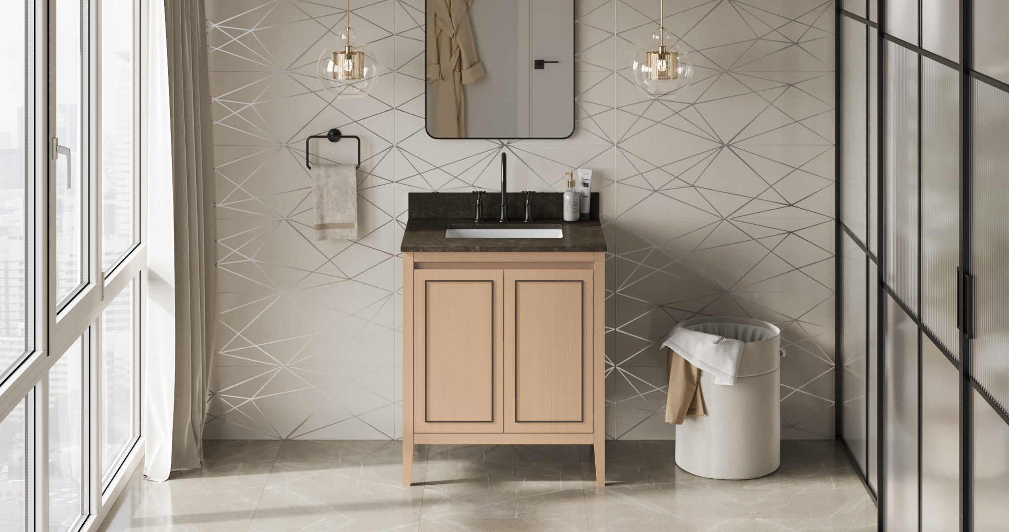 Percival 30" Single Bathroom Vanity Set Natural Oak, Blue Limestone Vanity Top, Rectangle Bowl | KitchBath