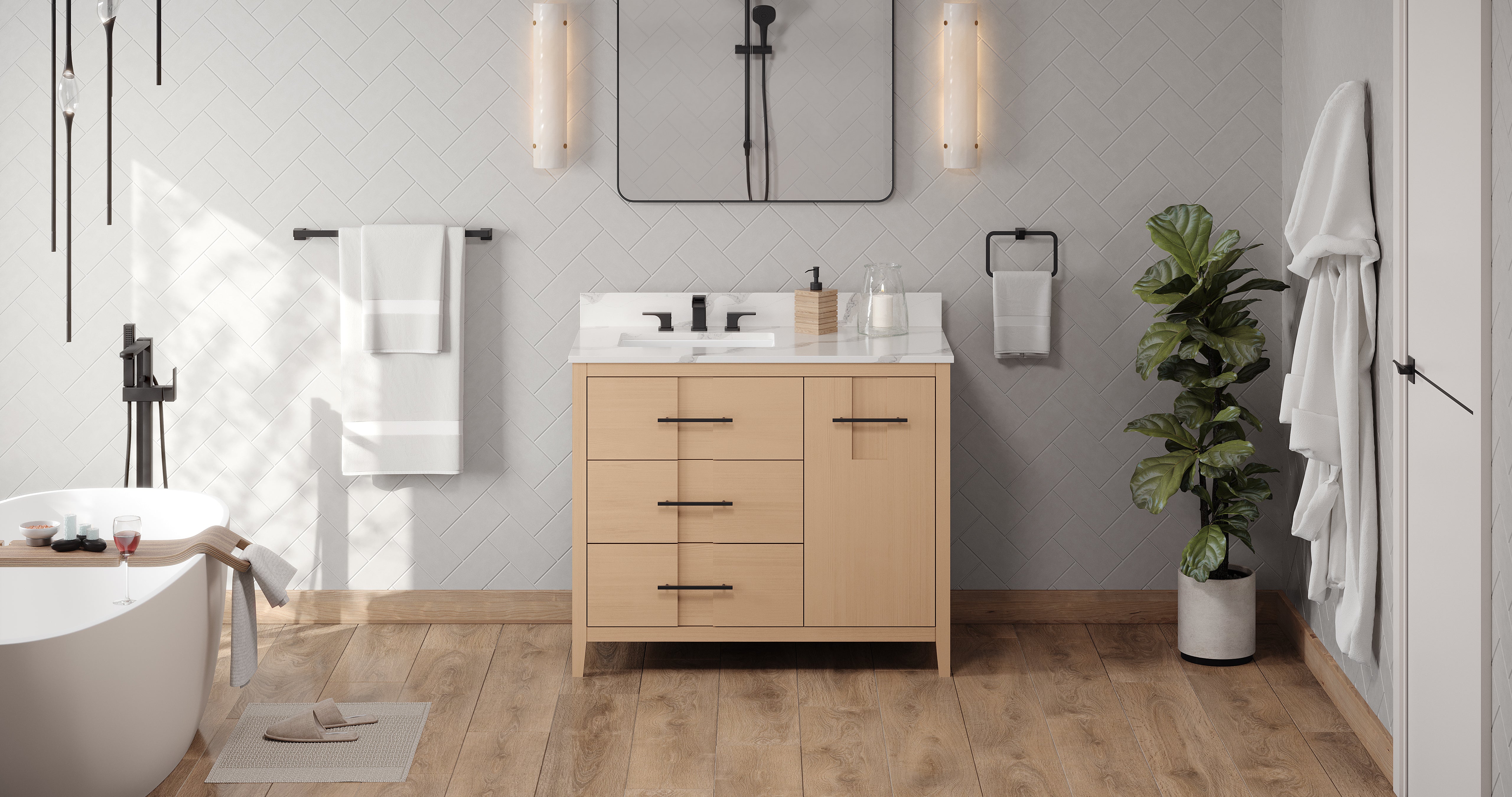 Katara 42" Single Bathroom Vanity Set Natural Oak, Calacatta Vienna Quartz Vanity Top, Rectangle Bowl