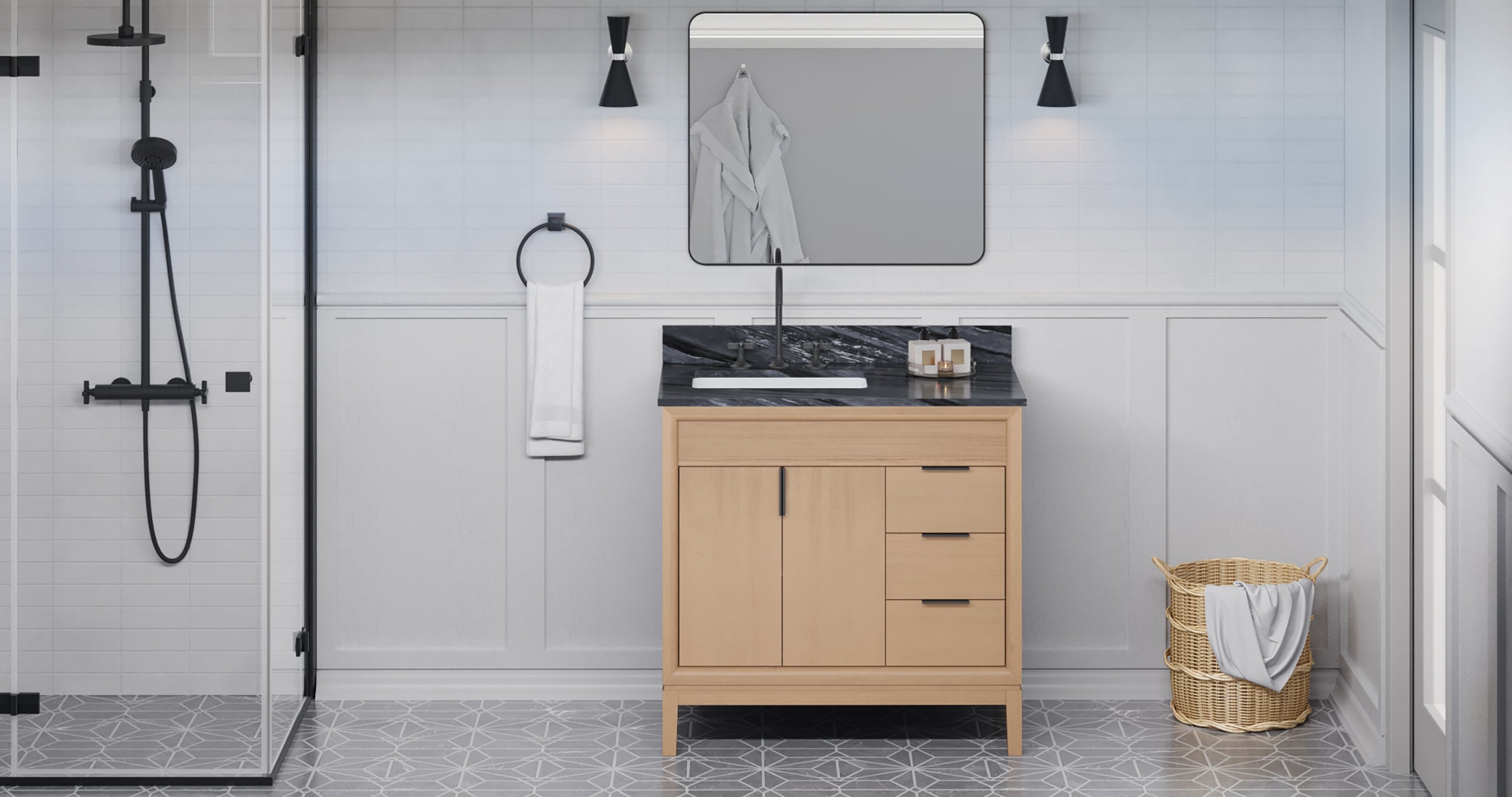 Theodora 36" Single Bathroom Vanity Set Natural Oak, Grey Marble Vanity Top, Rectangle Bowl | KitchBath