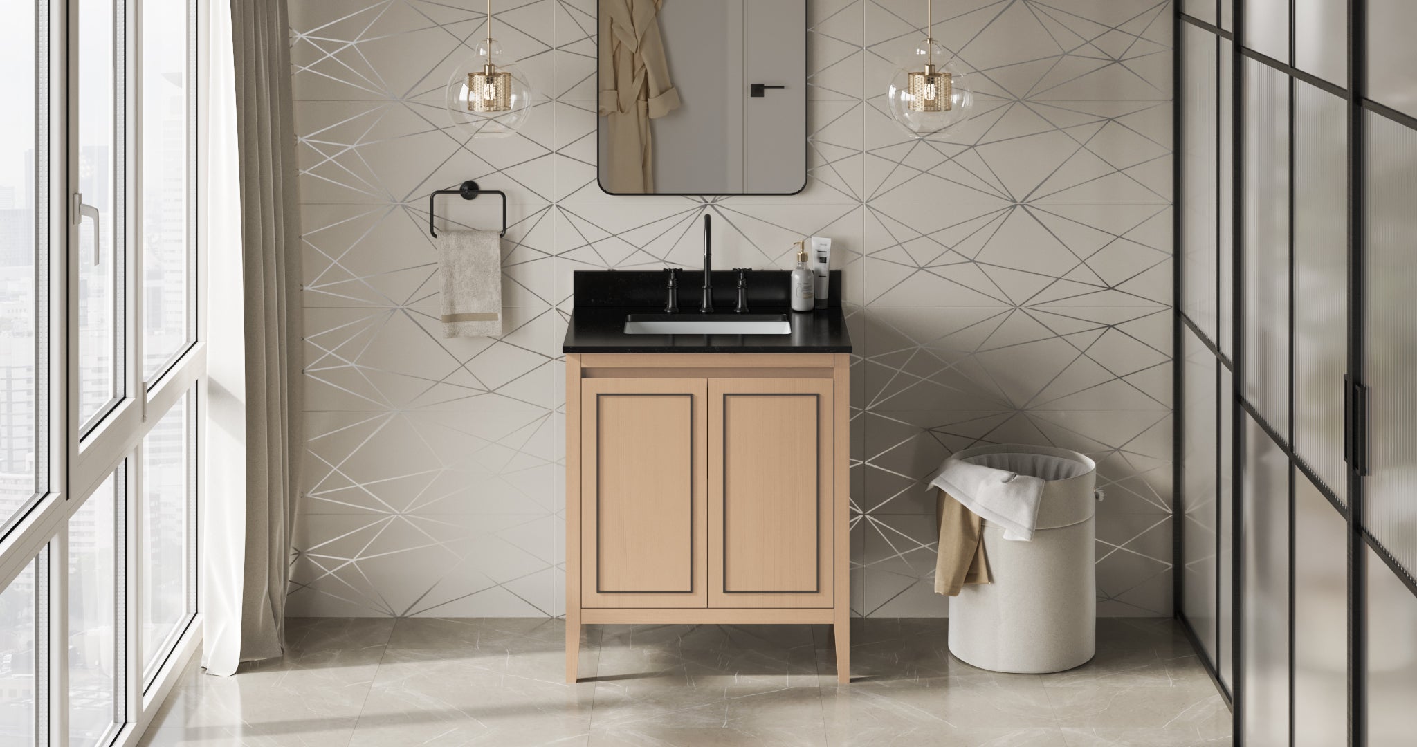 Percival 30" Single Bathroom Vanity Set Natural Oak, Black Granite Vanity Top, Rectangle Bowl | KitchBath