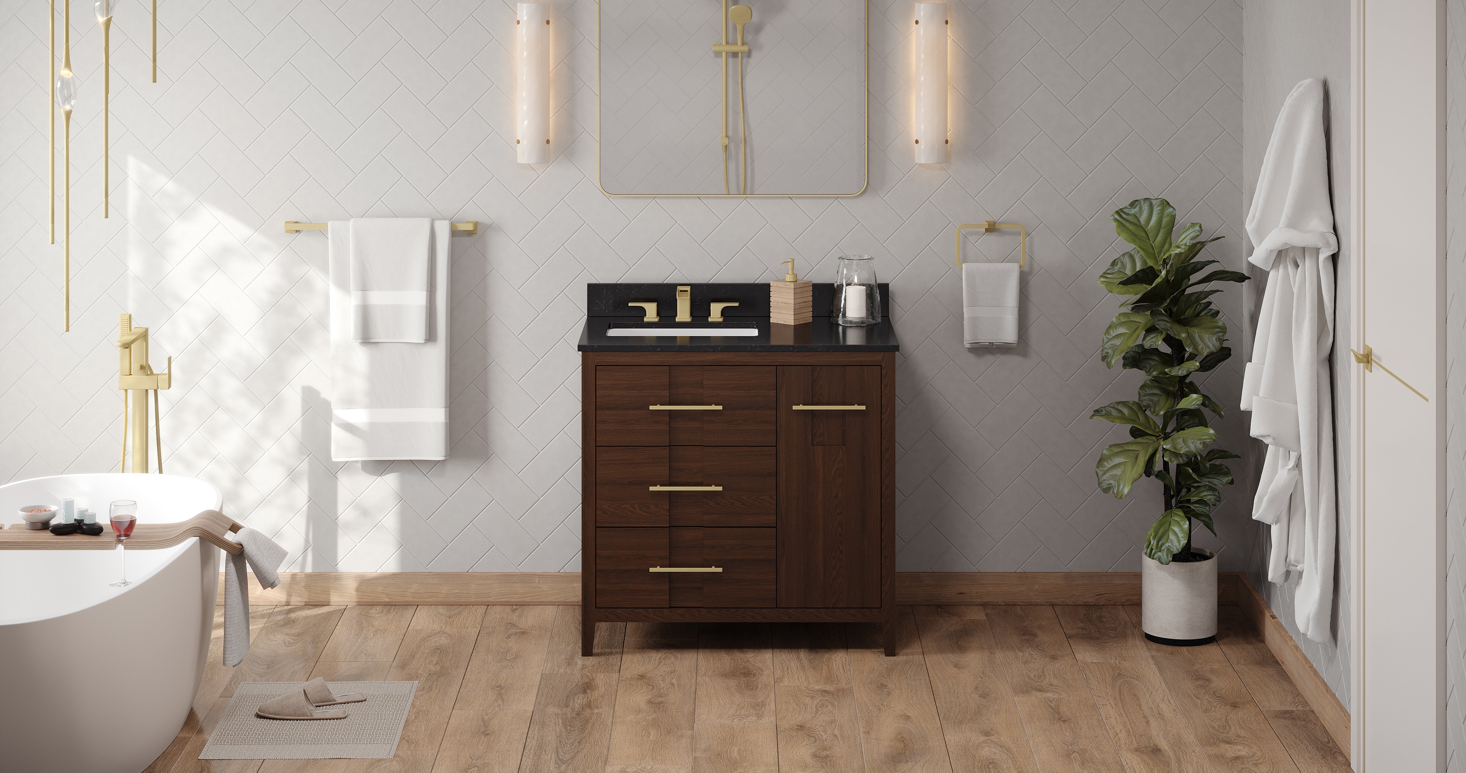 Katara 36" Single Bathroom Vanity Set Dark Walnut, Black Granite Vanity Top, Rectangle Bowl | KitchBath