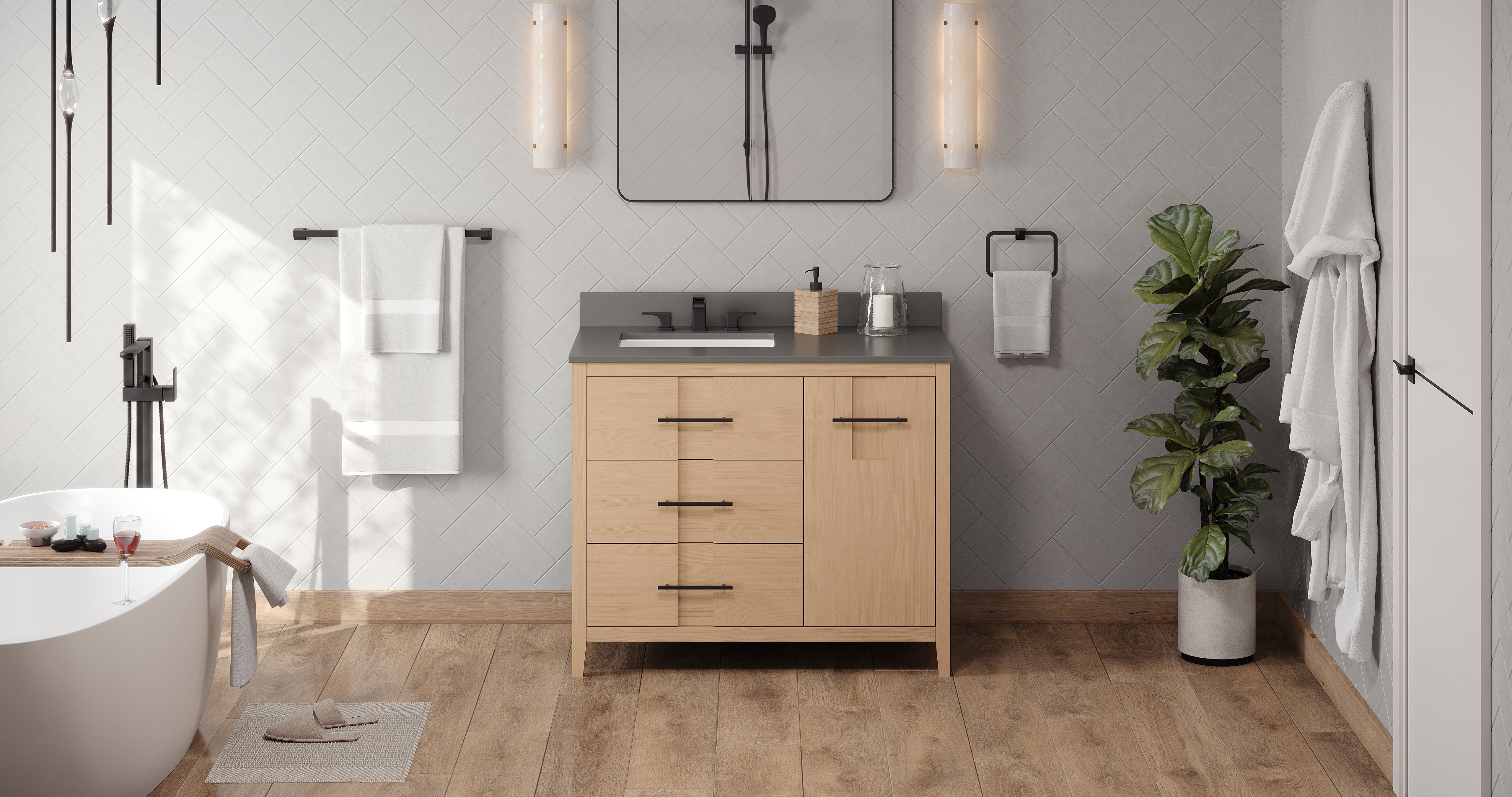 Katara 42" Single Bathroom Vanity Set Natural Oak, Grey Quartz Vanity Top, Rectangle Bowl | KitchBath