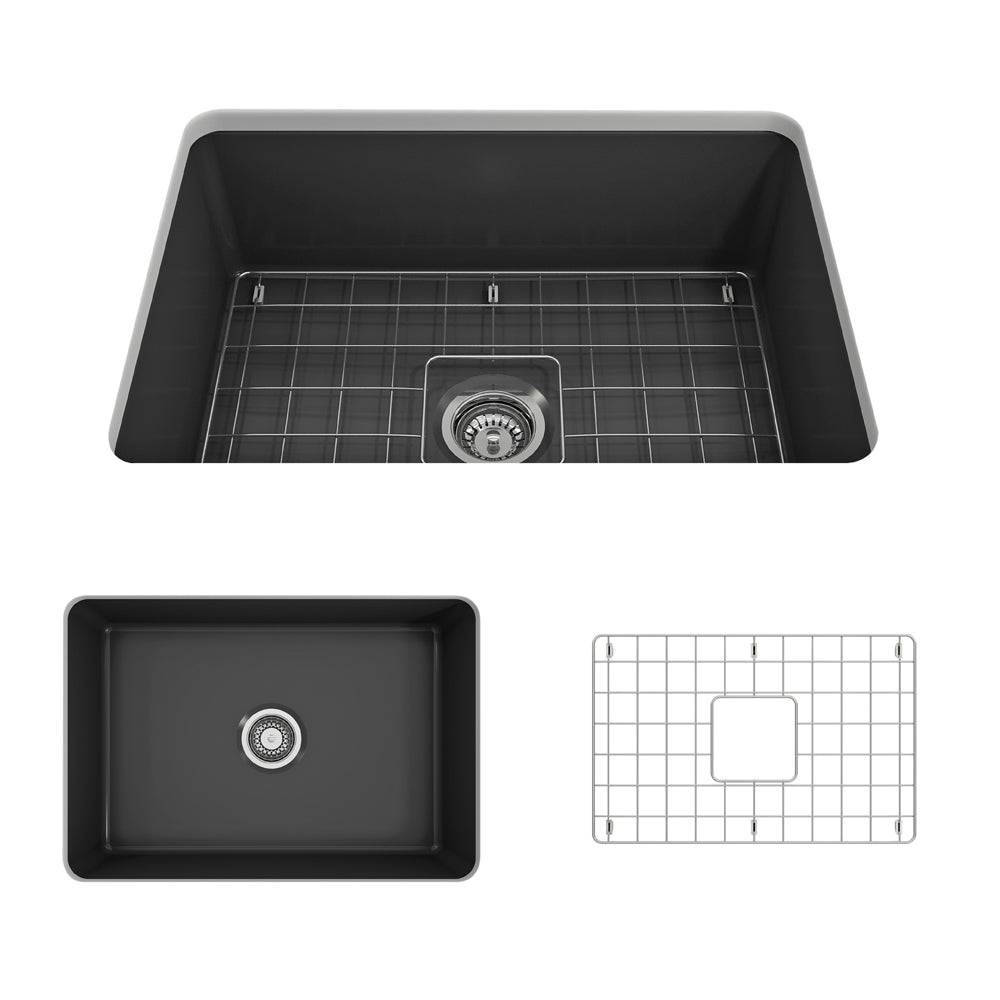 Sotto Dual-mount Fireclay 27 in. Single Bowl Kitchen Sink with Protective Bottom Grid and Strainer in Matte Dark Gray