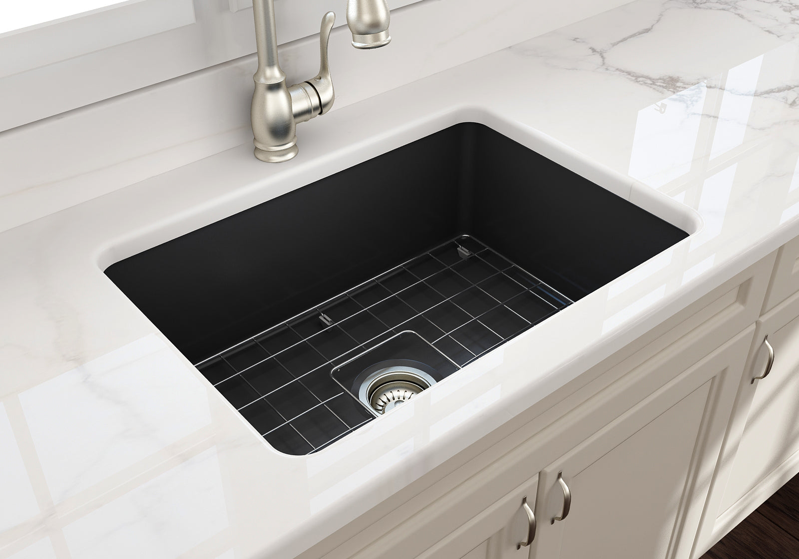 Sotto Dual-mount Fireclay 27 in. Single Bowl Kitchen Sink with Protective Bottom Grid and Strainer in Matte Dark Gray | KitchBath