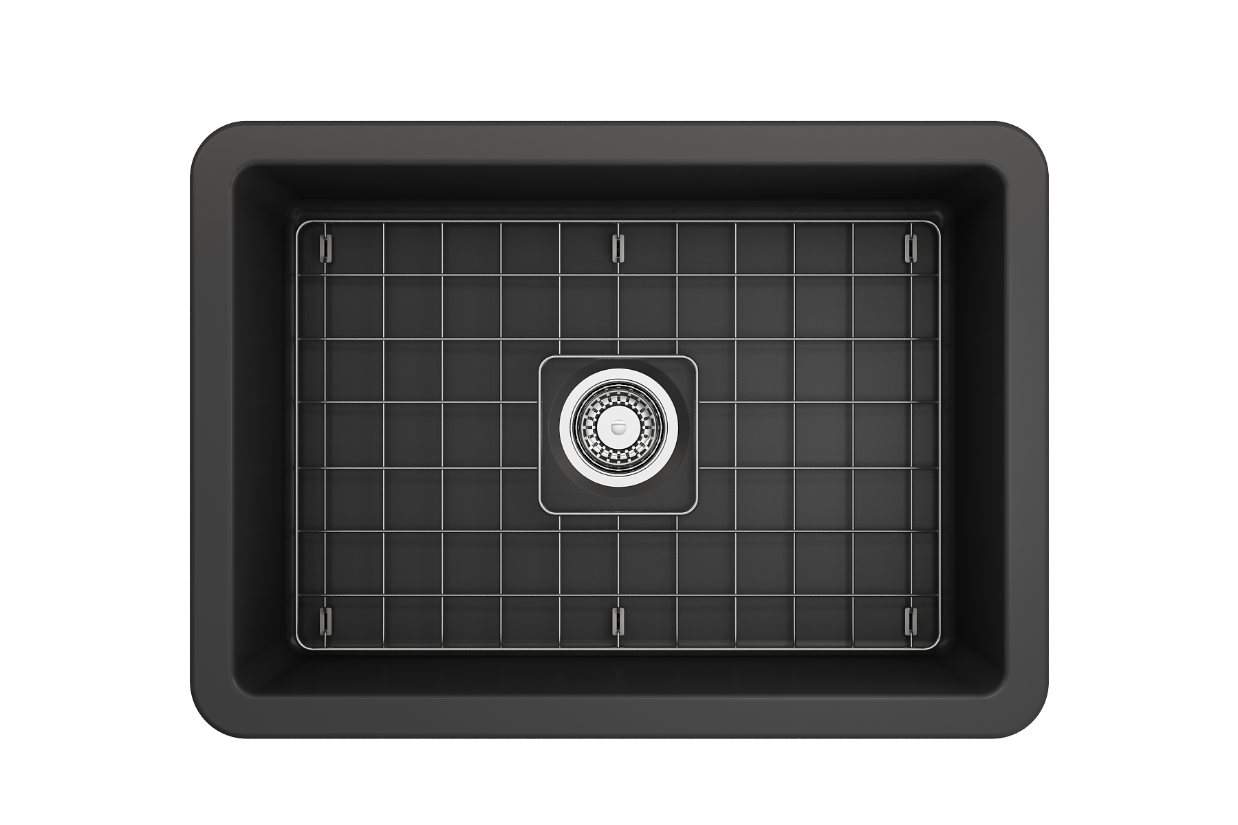 Sotto Dual-mount Fireclay 27 in. Single Bowl Kitchen Sink with Protective Bottom Grid and Strainer in Matte Dark Gray | KitchBath