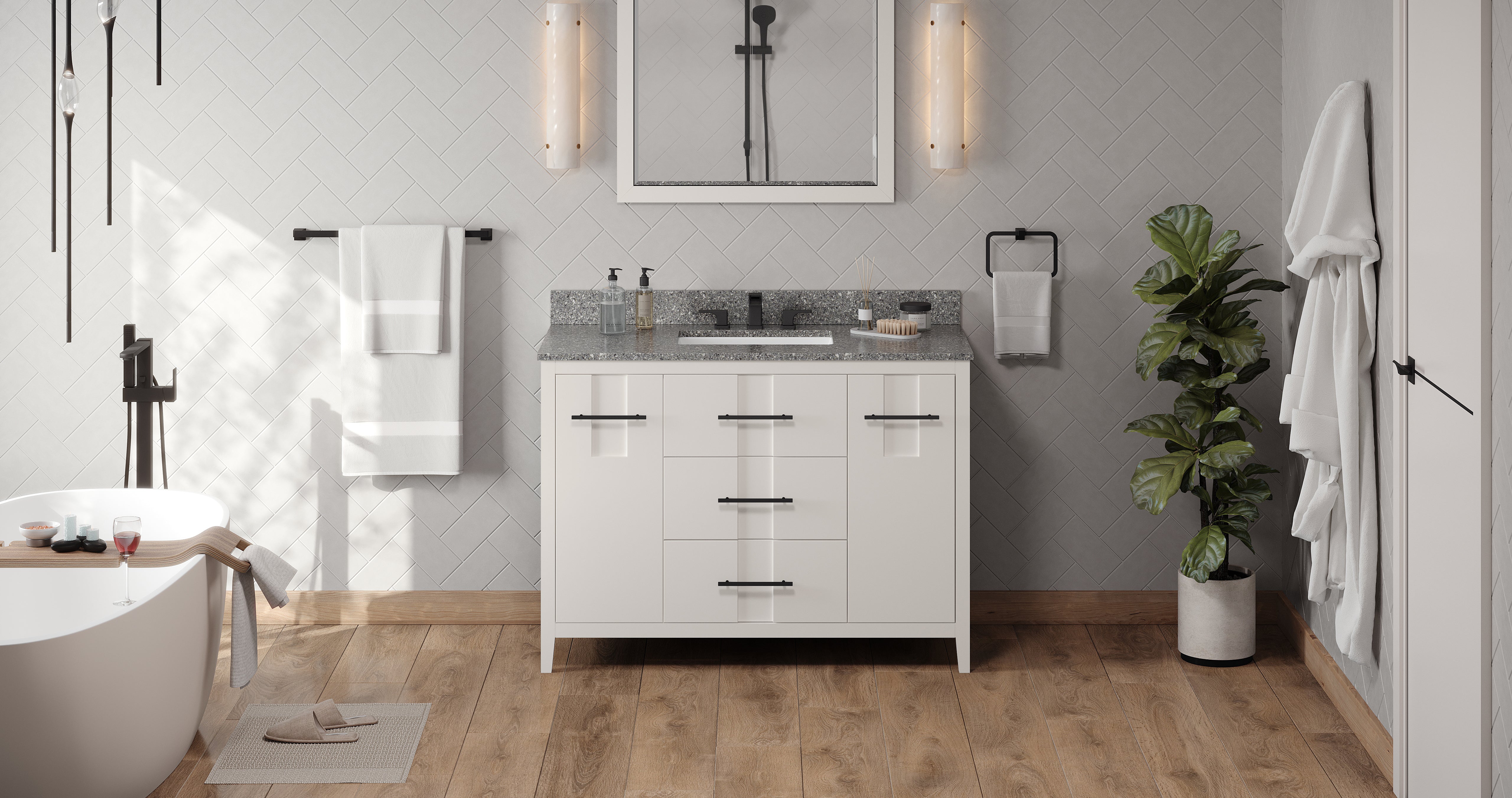 48" White Katara Vanity, Boulder Cultured Marble Vanity Top, undermount rectangle bowl | KitchBath