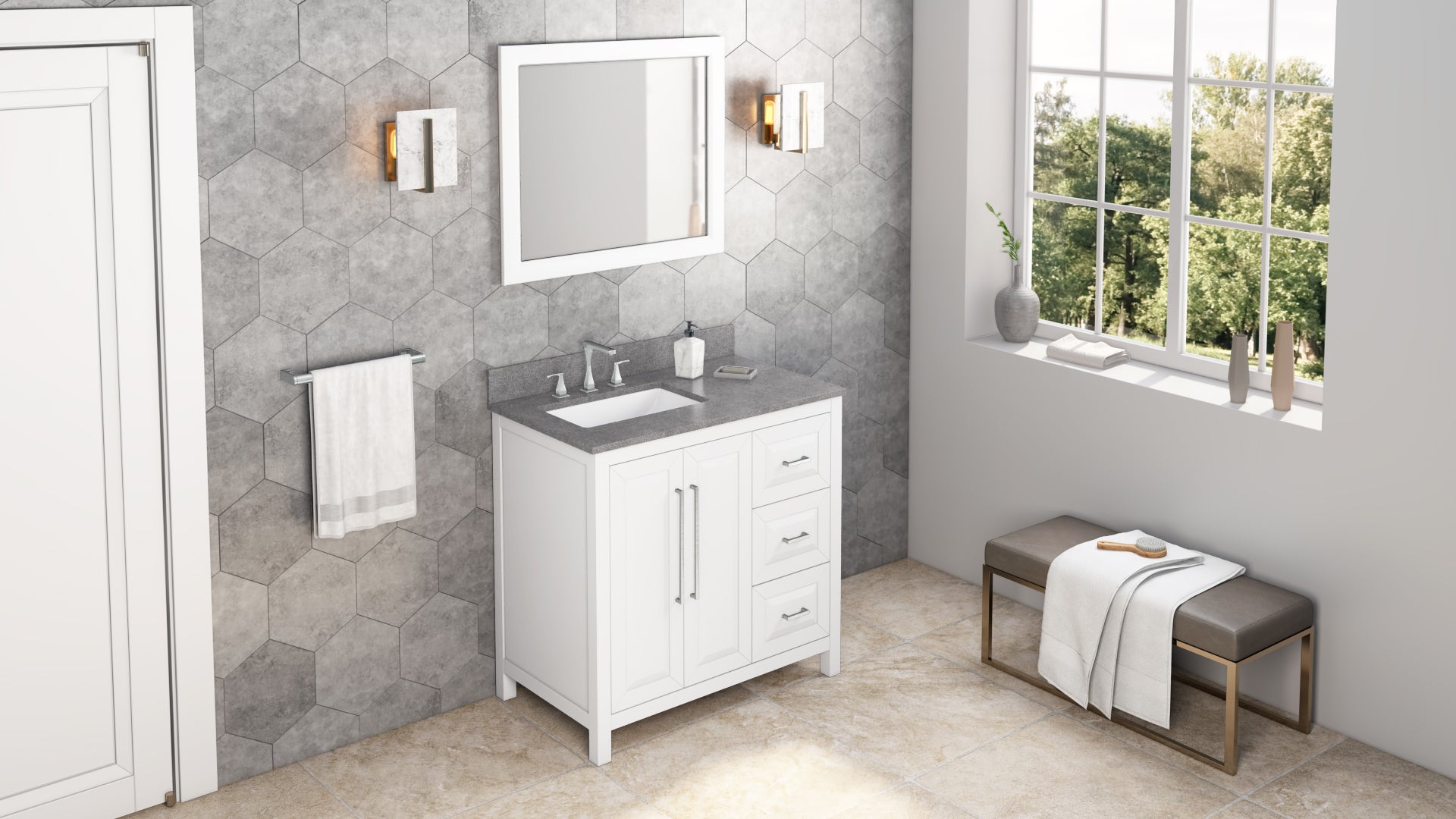 36" White Cade Vanity, left offset, Steel Grey Cultured Marble Vanity Top, undermount rectangle bowl