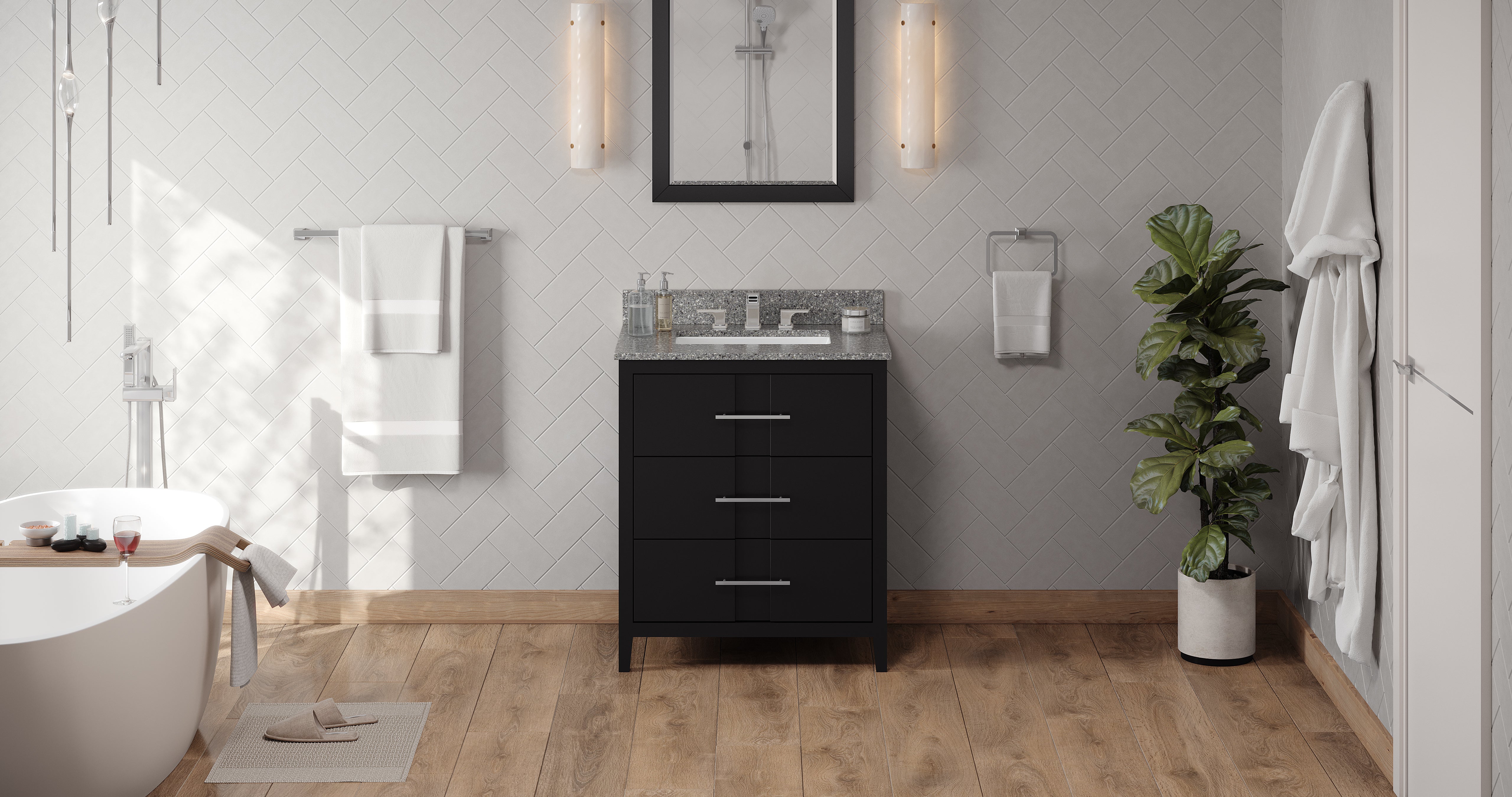 30" Black Katara Vanity, Boulder Cultured Marble Vanity Top, undermount rectangle bowl | KitchBath