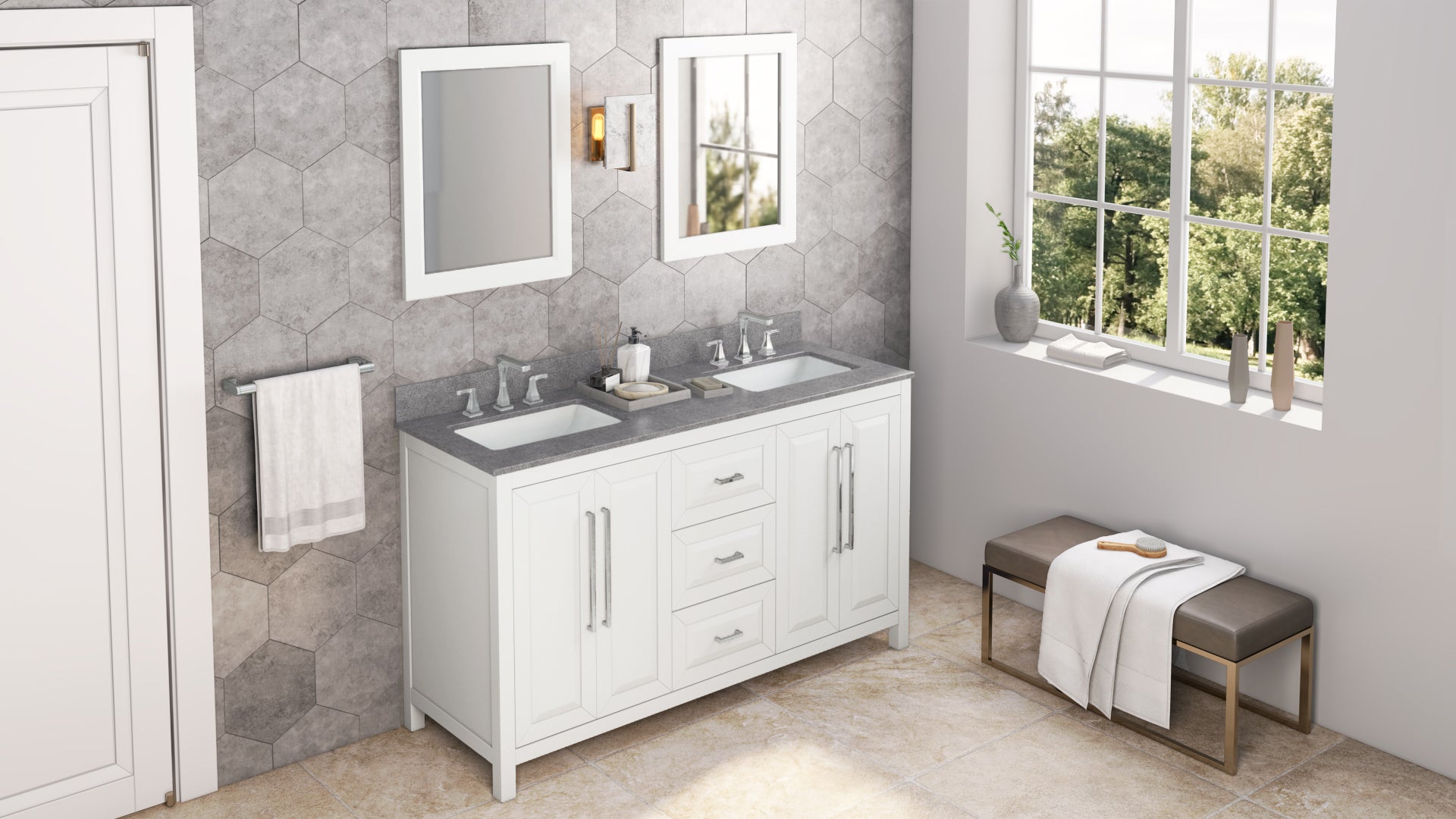 60" White Cade Vanity, double bowl, Steel Grey Cultured Marble Vanity Top, undermount rectangle bowl