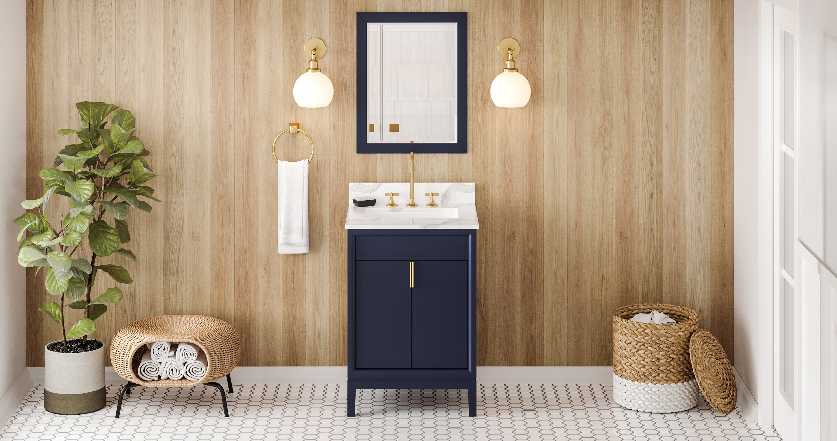 24" Hale Blue Theodora Vanity, Calacatta Vienna Quartz Vanity Top, undermount rectangle bowl | KitchBath