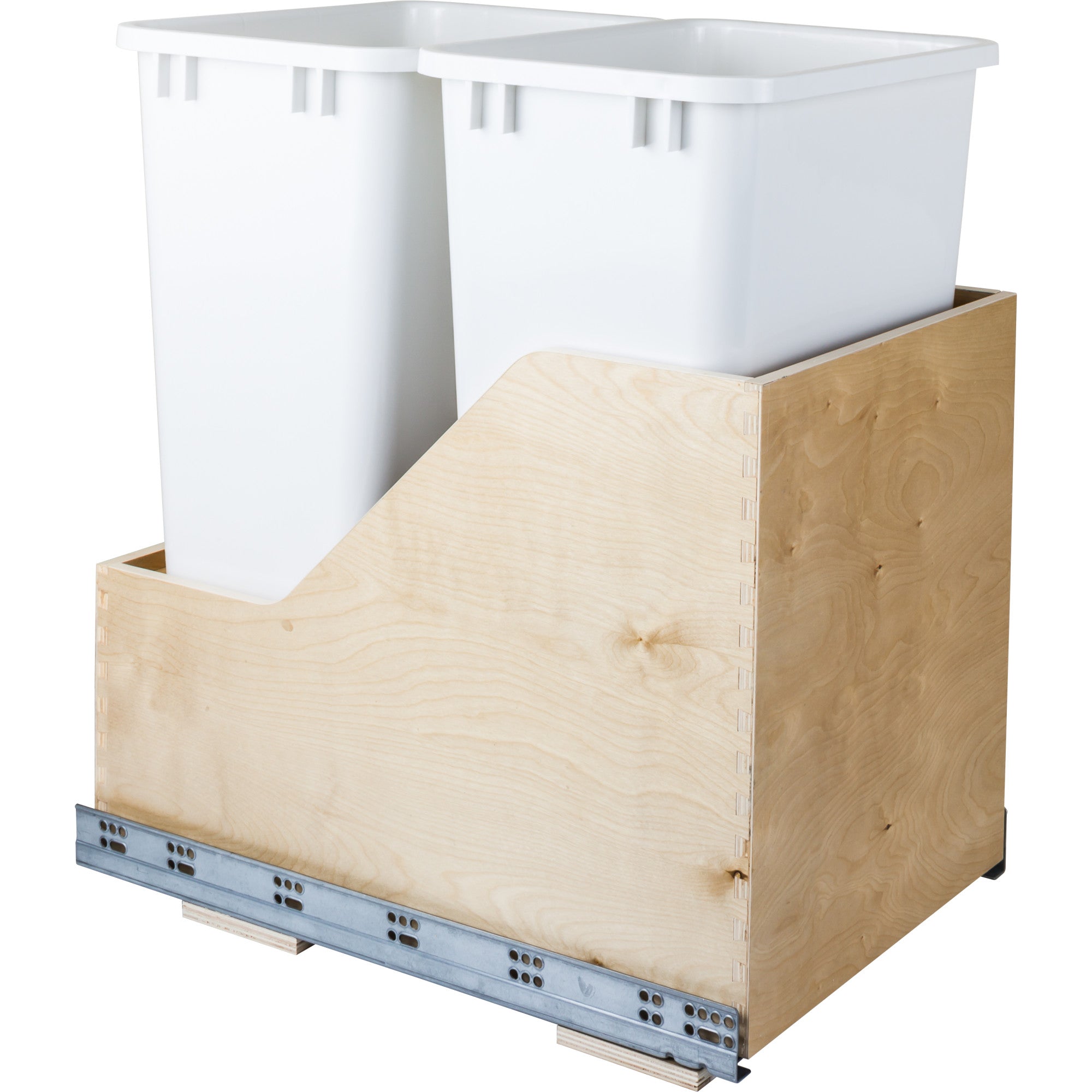 Double 50 Quart Wood Bottom-Mount Soft-close Trashcan Rollout for Hinged Doors, Includes Two White Cans | KitchBath
