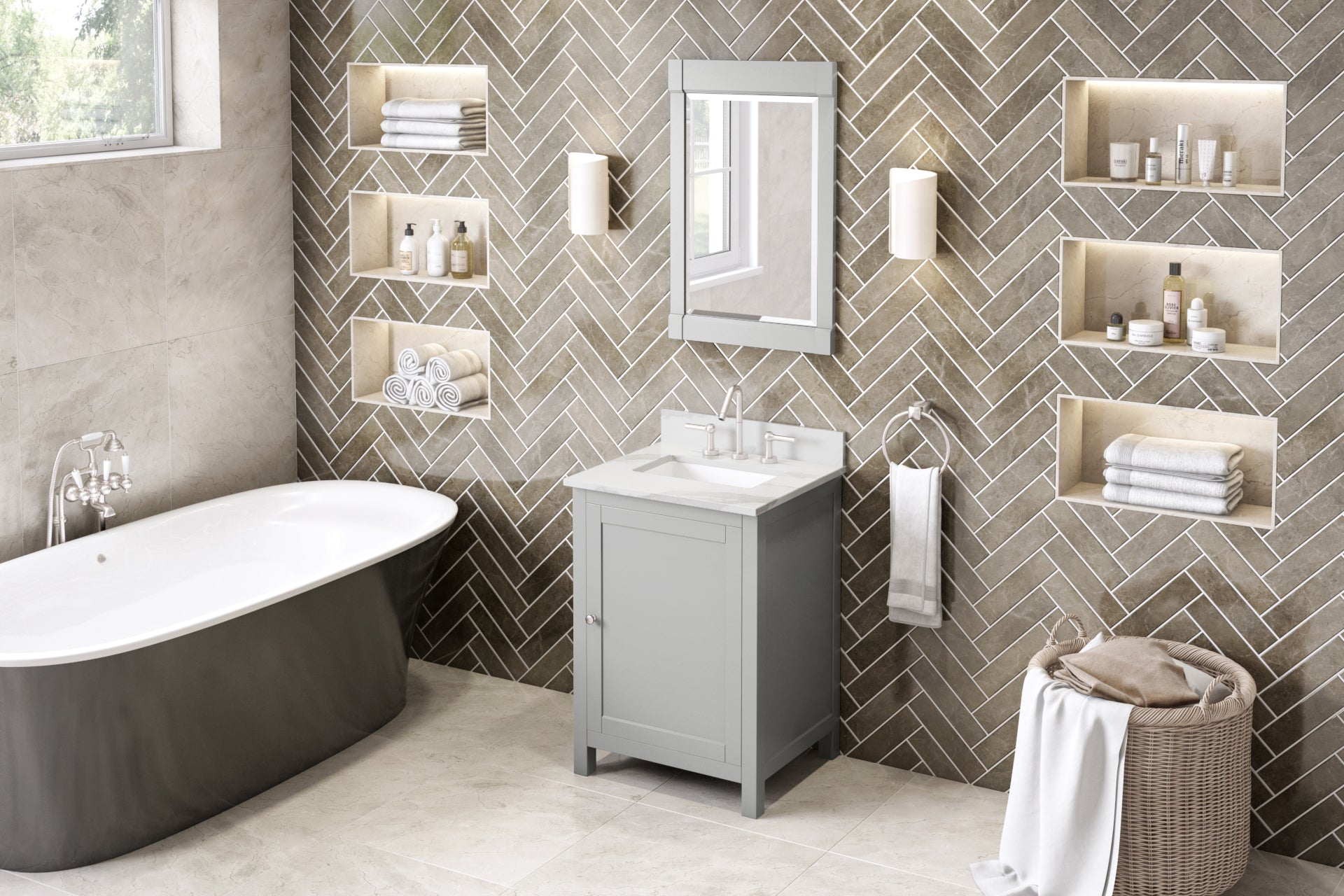 24" Grey Astoria Vanity, Calacatta Vienna Quartz Vanity Top, undermount rectangle bowl