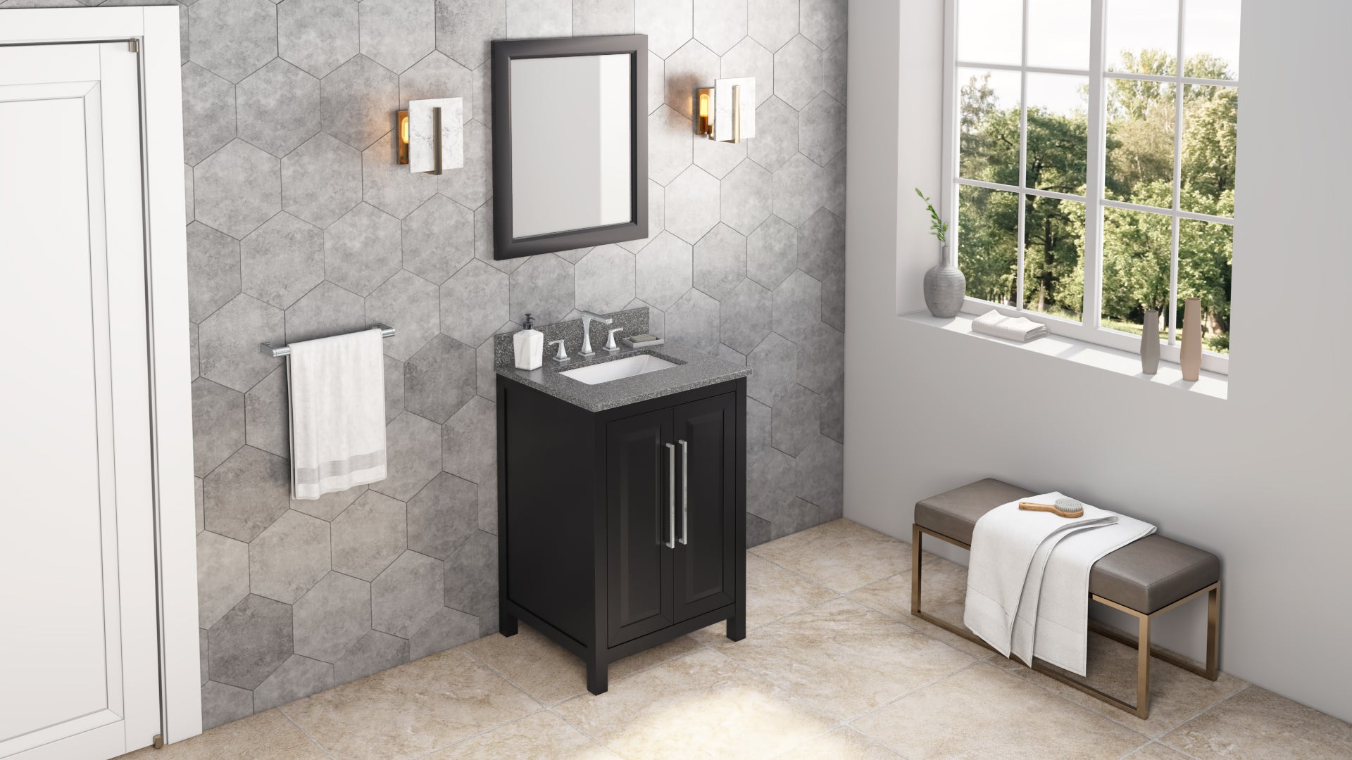 24" Black Cade Vanity, Boulder Cultured Marble Vanity Top, undermount rectangle bowl