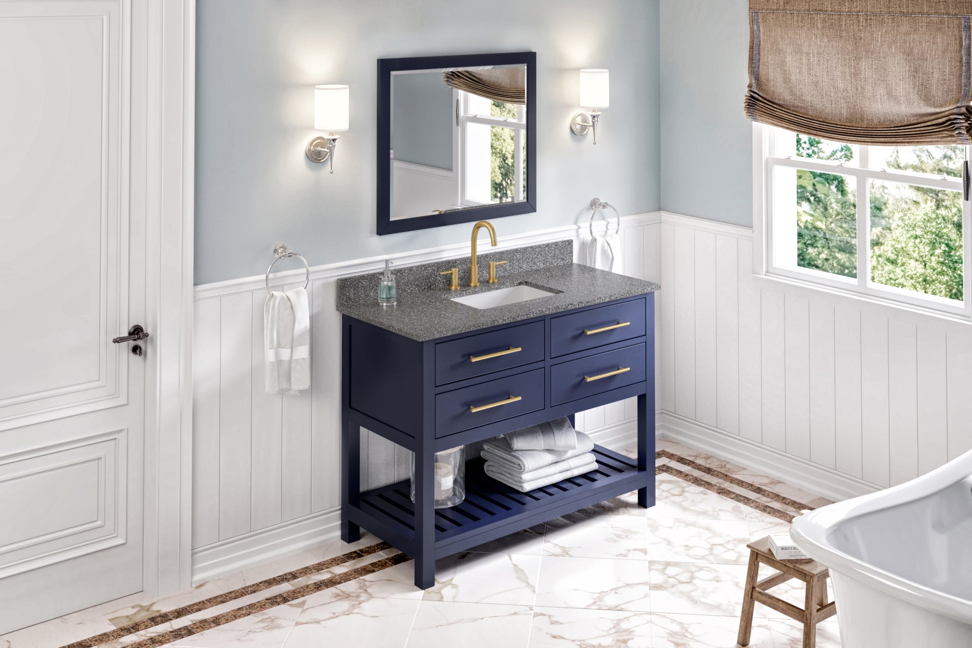 48" Hale Blue Wavecrest Vanity, Boulder Cultured Marble Vanity Top, undermount rectangle bowl
