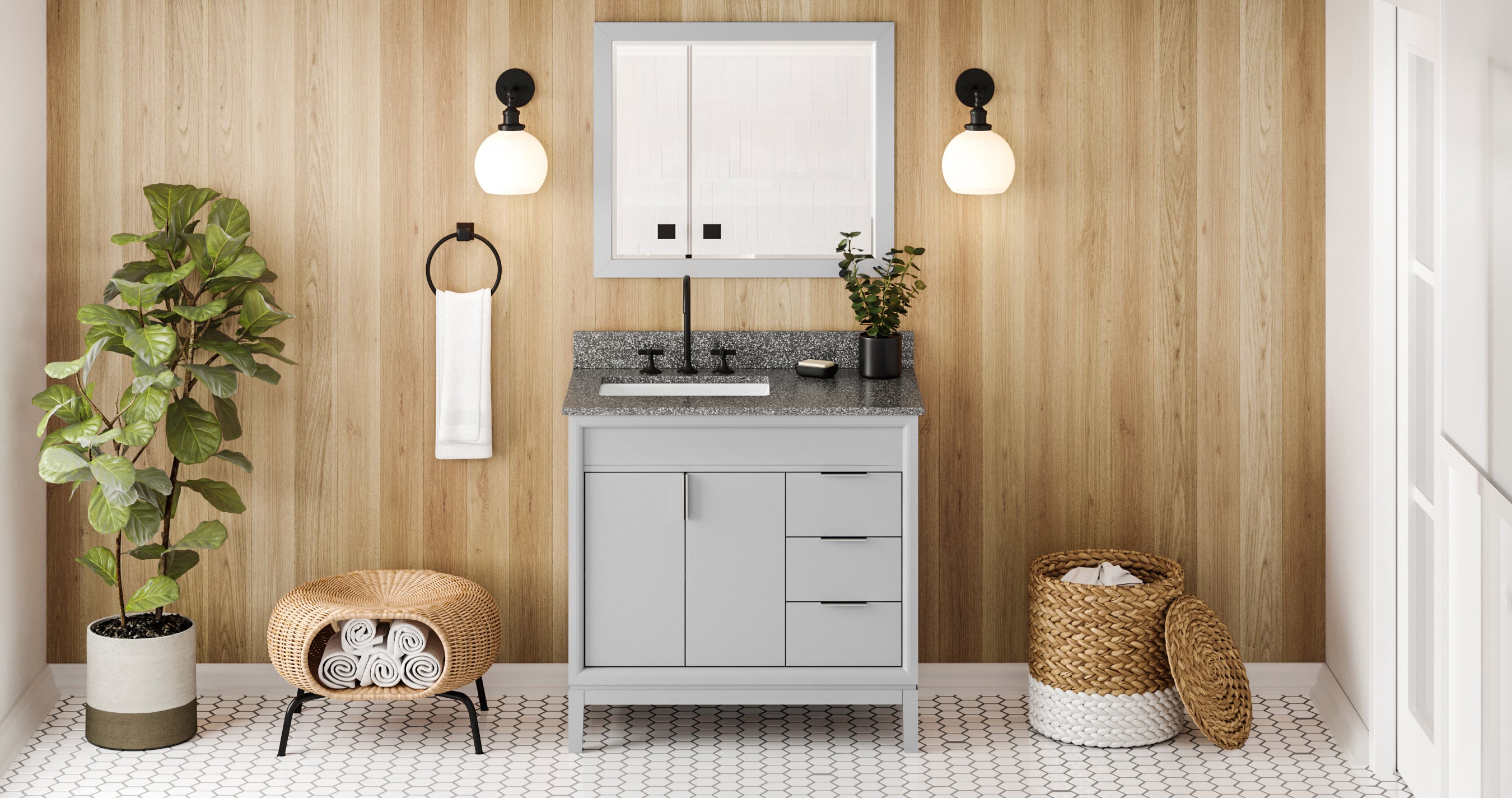 36" Grey Theodora Vanity, left offset, Boulder Vanity Cultured Marble Vanity Top, undermount rectangle bowl | KitchBath