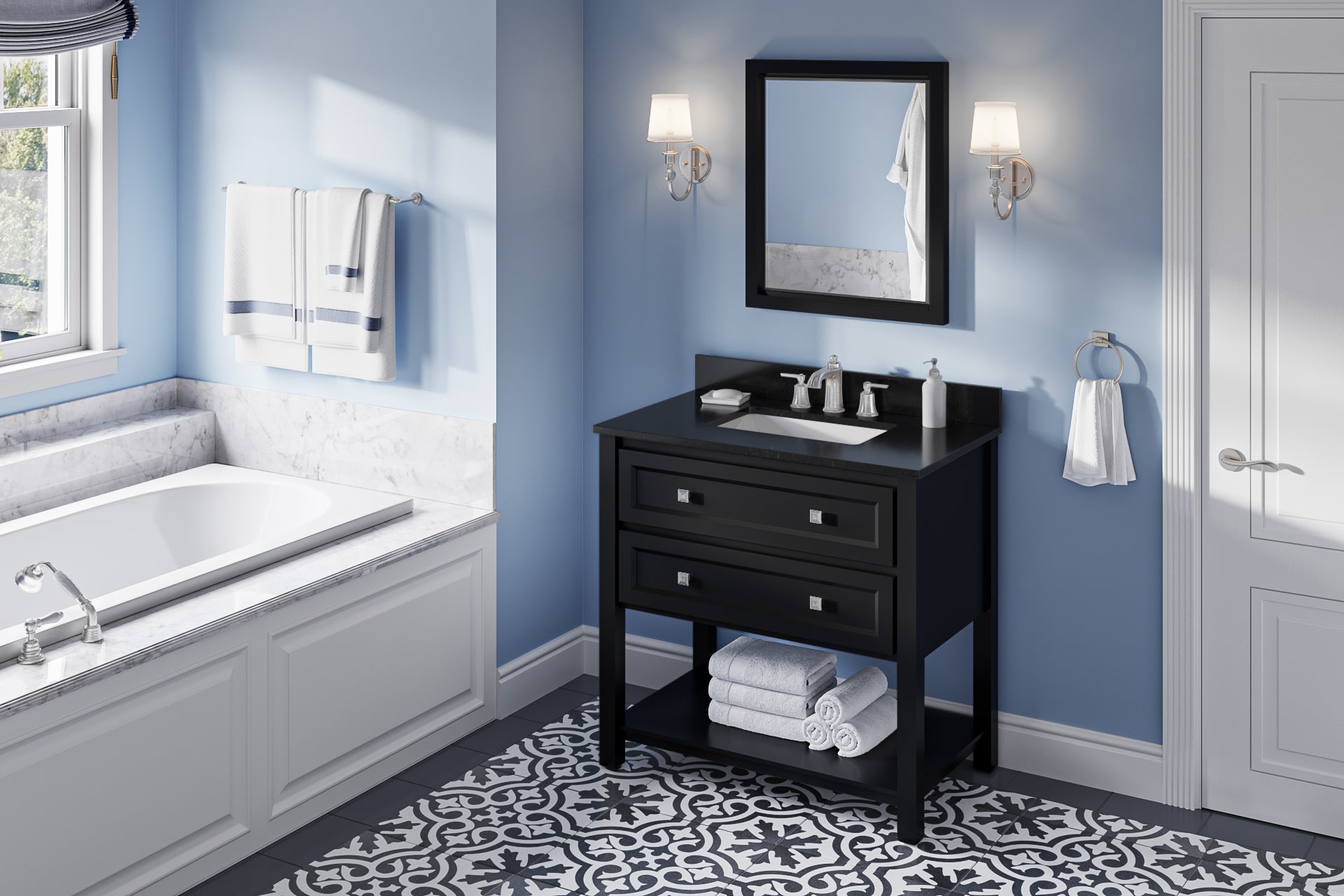 36" Black Adler Vanity, Black Granite Vanity Top, undermount rectangle bowl
