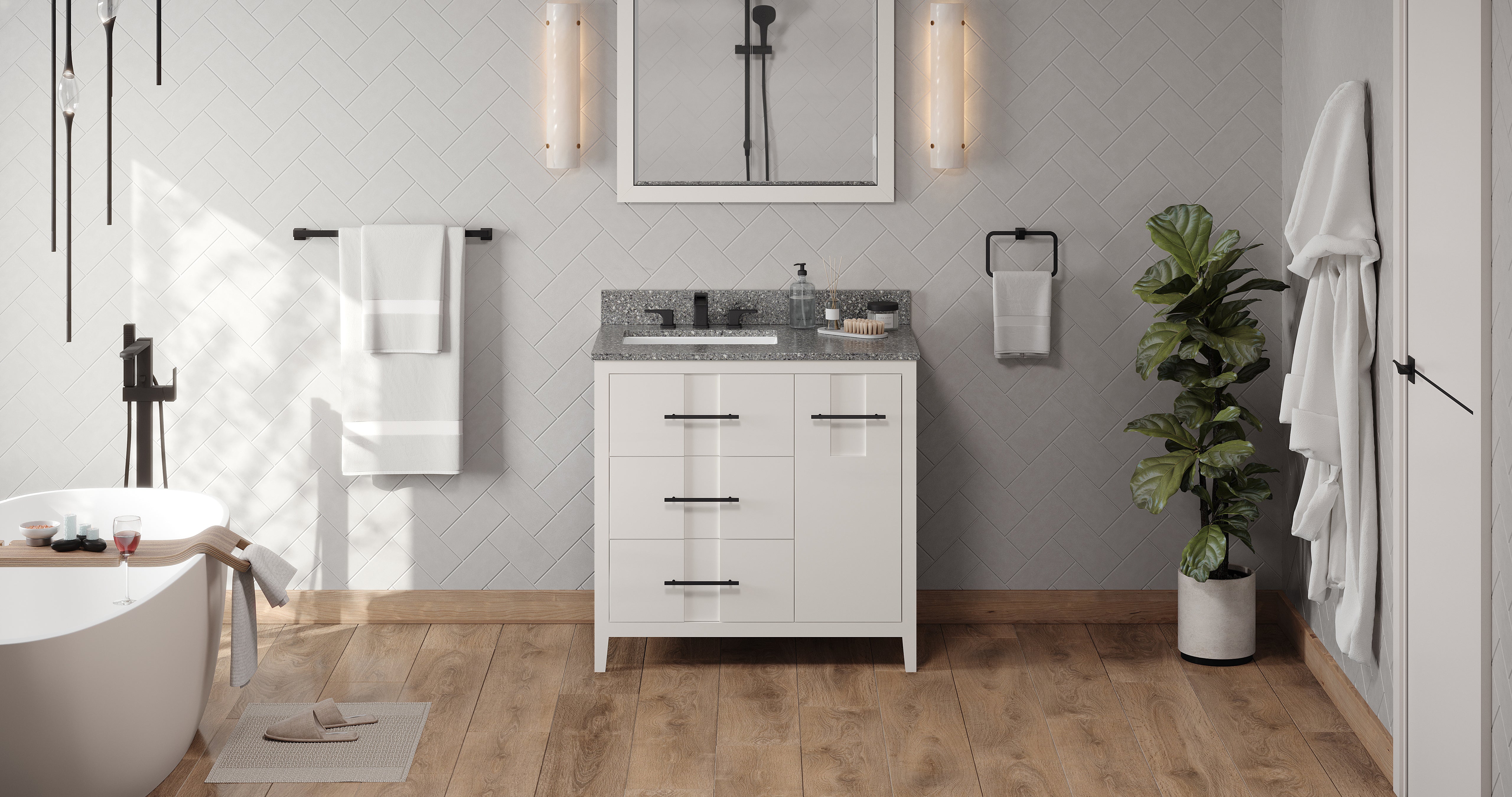36" White Katara Vanity, left offset, Boulder Vanity Cultured Marble Vanity Top, undermount rectangle bowl | KitchBath