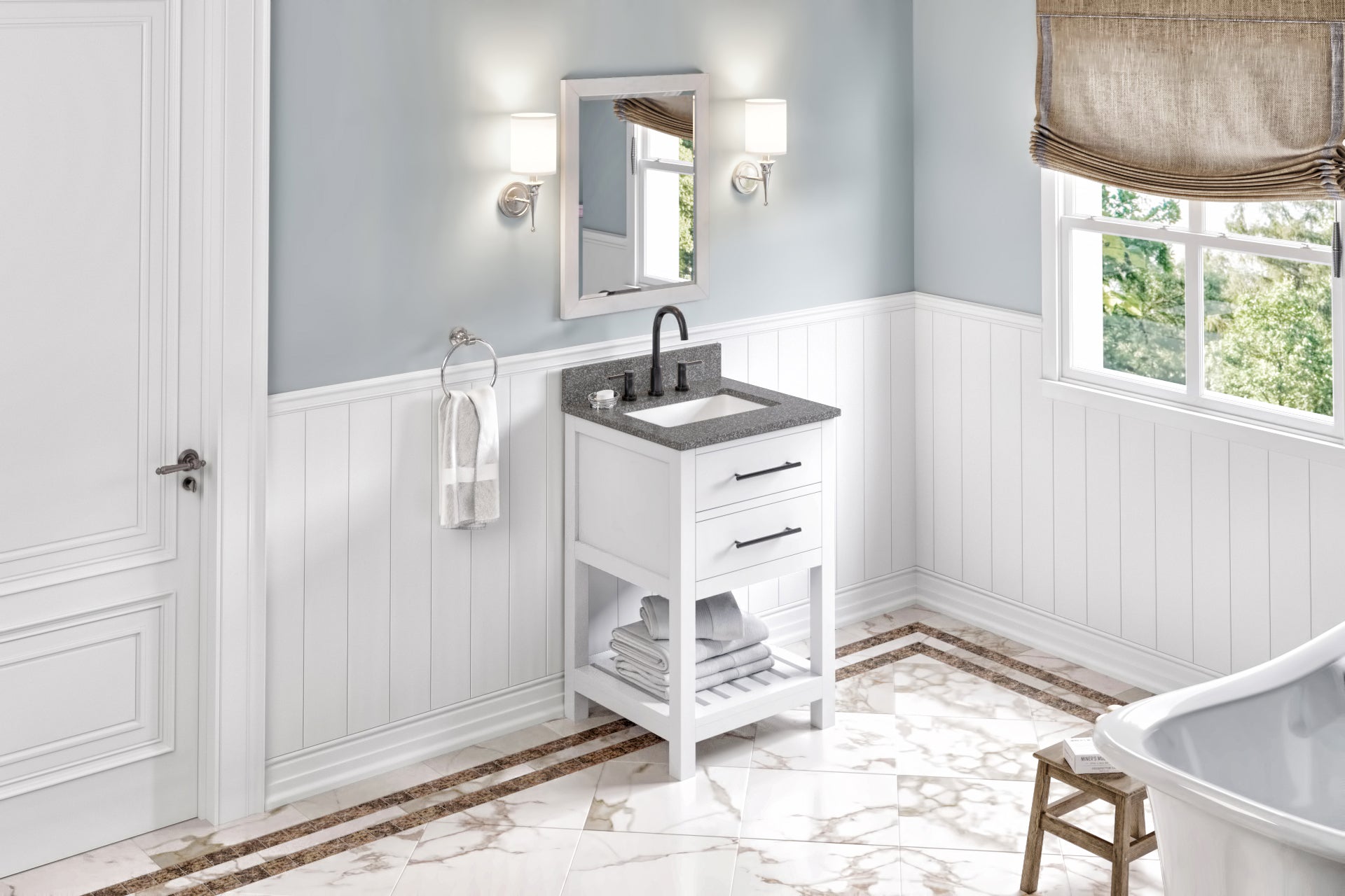 24" White Wavecrest Vanity, Boulder Cultured Marble Vanity Top, undermount rectangle bowl