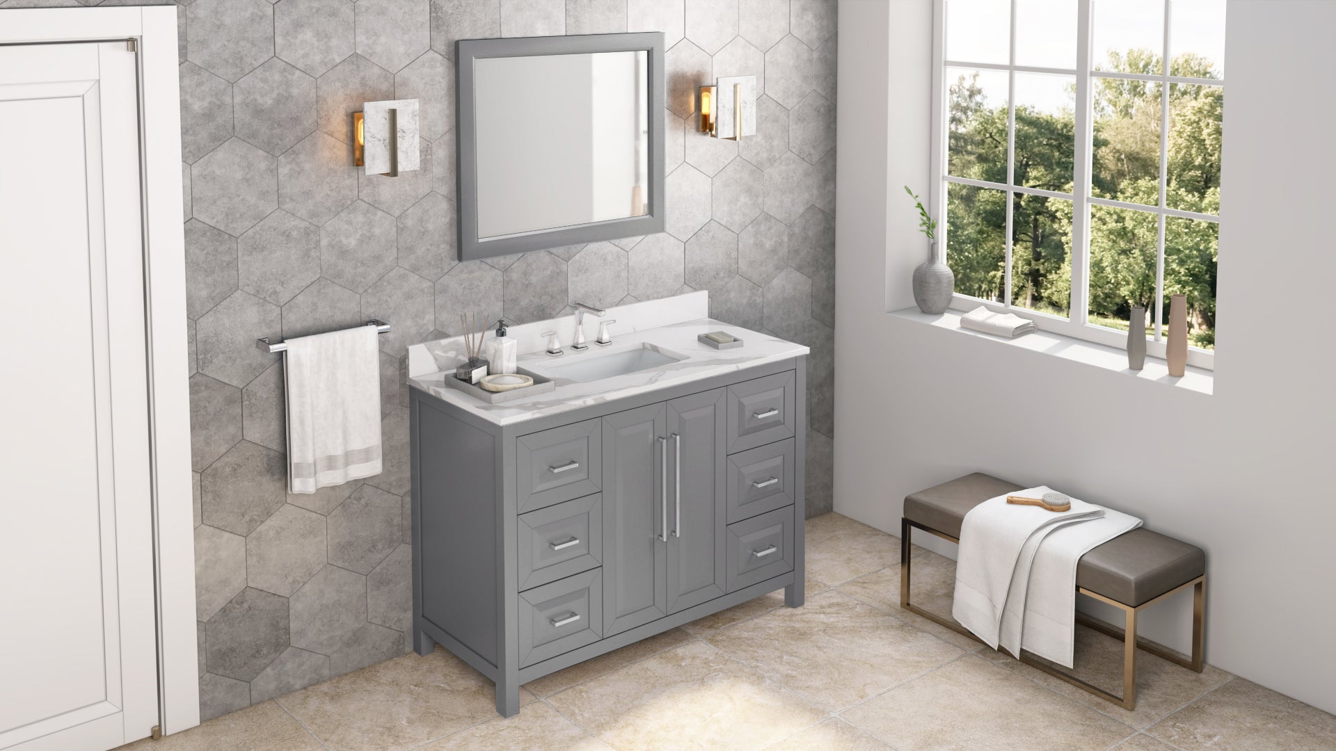 48" Grey Cade Vanity, Calacatta Vienna Quartz Vanity Top, undermount rectangle bowl | KitchBath