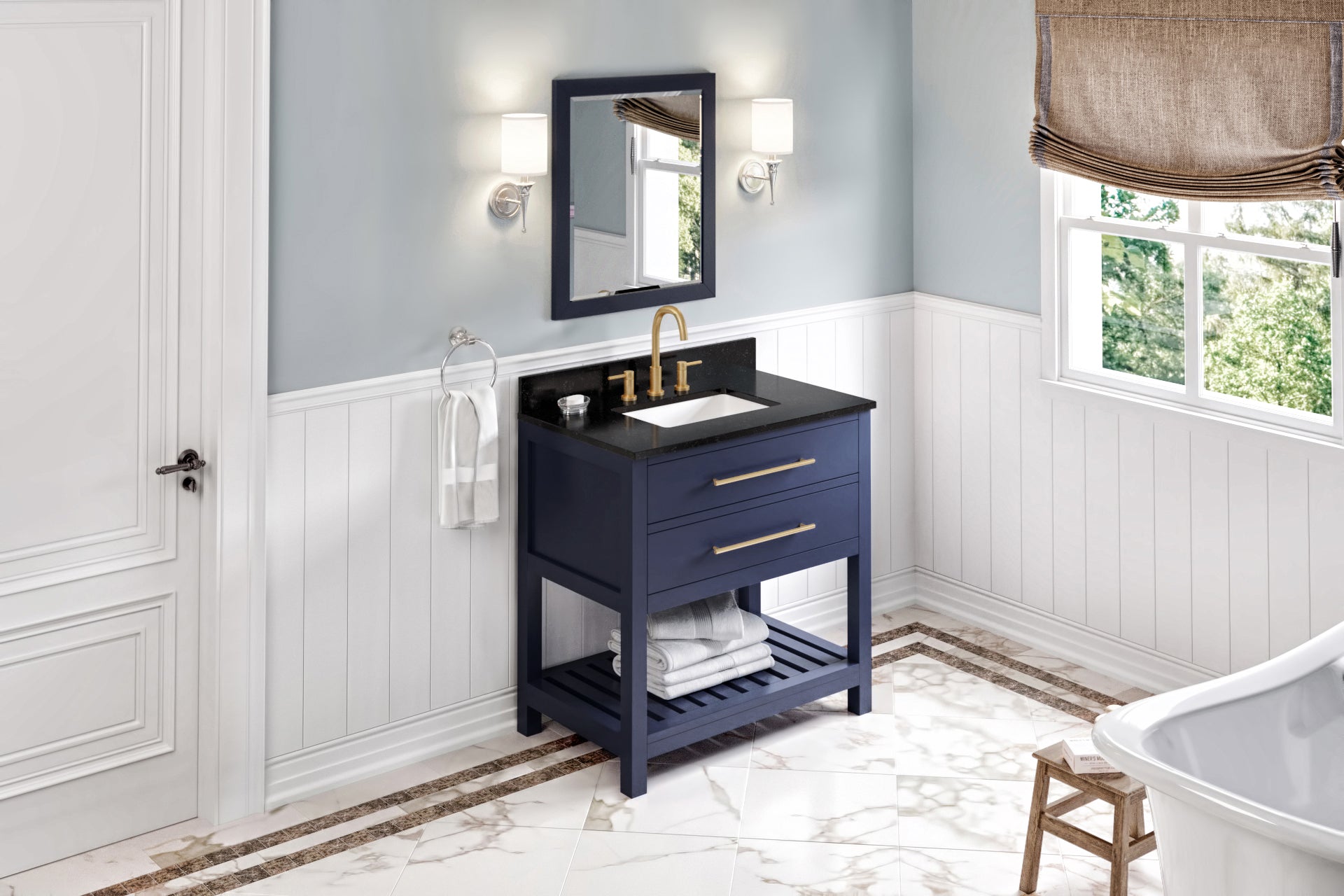 36" Hale Blue Wavecrest Vanity, Black Granite Vanity Top, undermount rectangle bowl