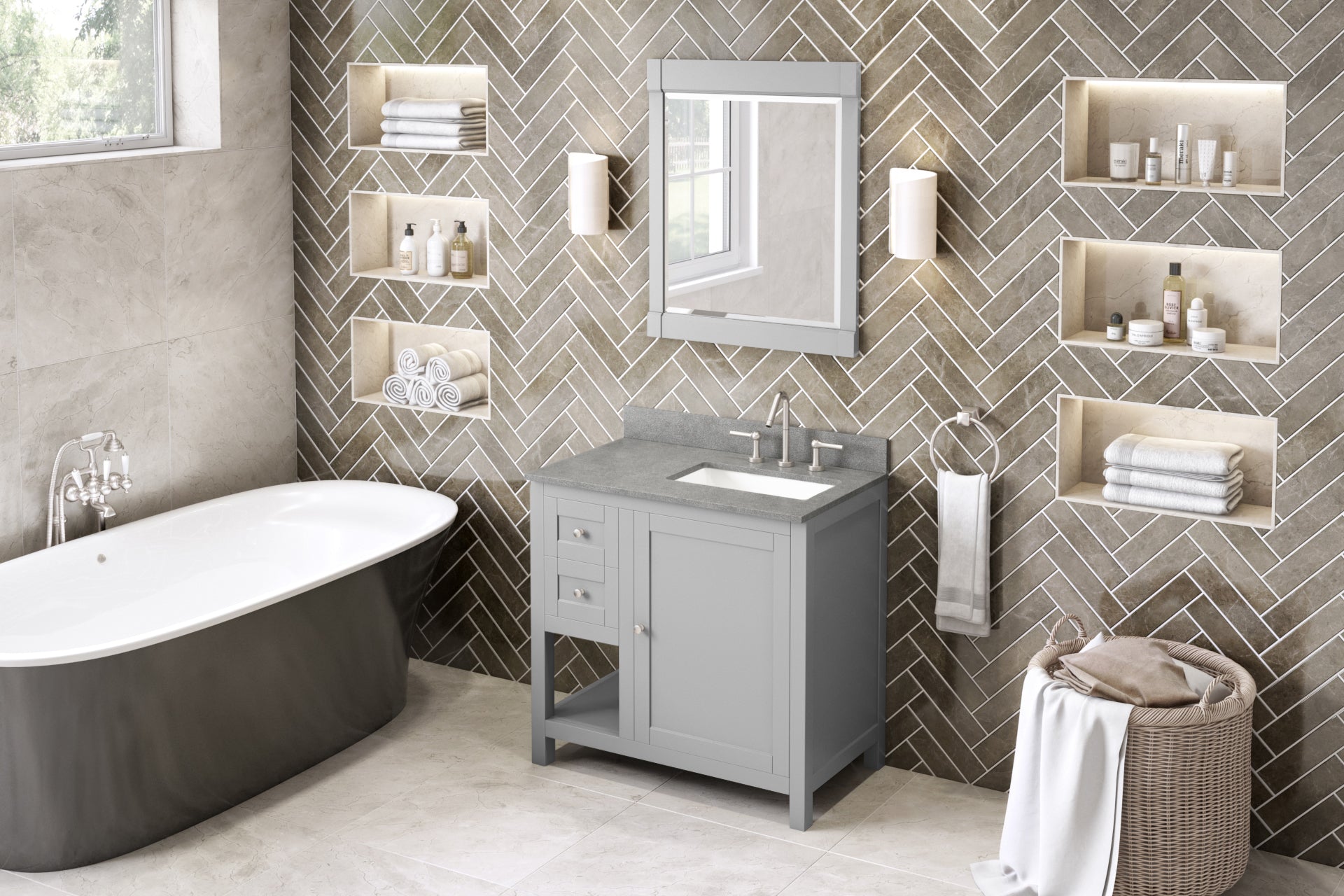 36" Grey Astoria Vanity, right offset, Steel Grey Cultured Marble Vanity Top, undermount rectangle bowl